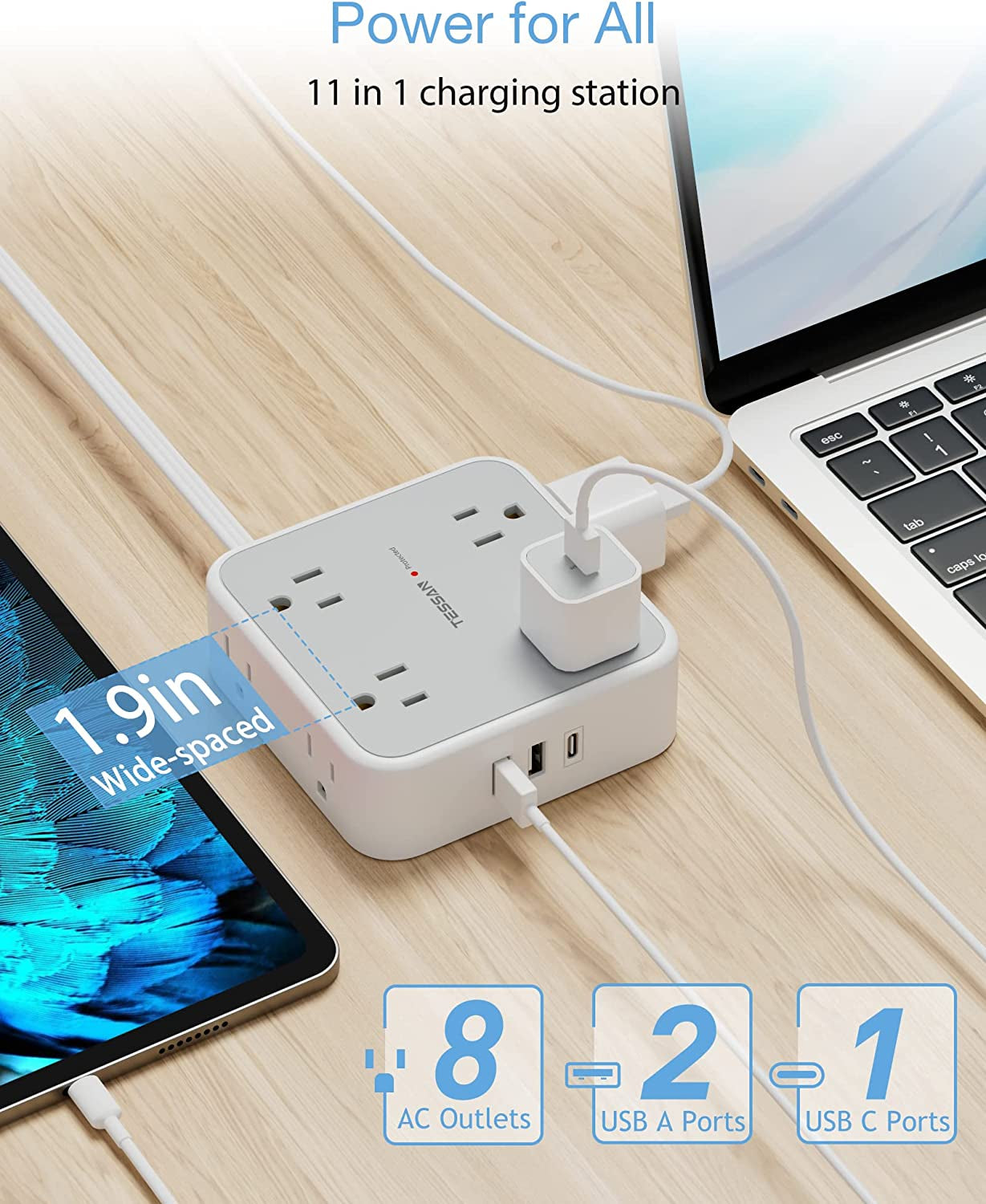 Power Strip Surge Protector 10 Ft Cord, 8 AC Outlets, 3 USB Charger(1 USB C Port), Ultra Thin Extension Cord, Flat Plug, 900 Joules Protection, Desk Charging Station for Home, Office Essentials