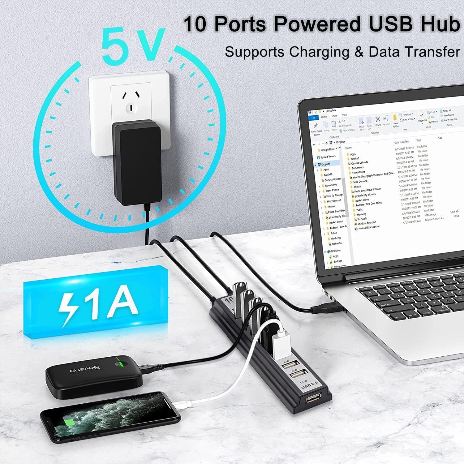 Powered USB Hub 2.0,  10-Port USB Hub USB Extender Splitter (Support Smart Charging + Faster Data Transfer) with Individual LED Indicator Light for Macbook, PC, Laptop, All-In-One