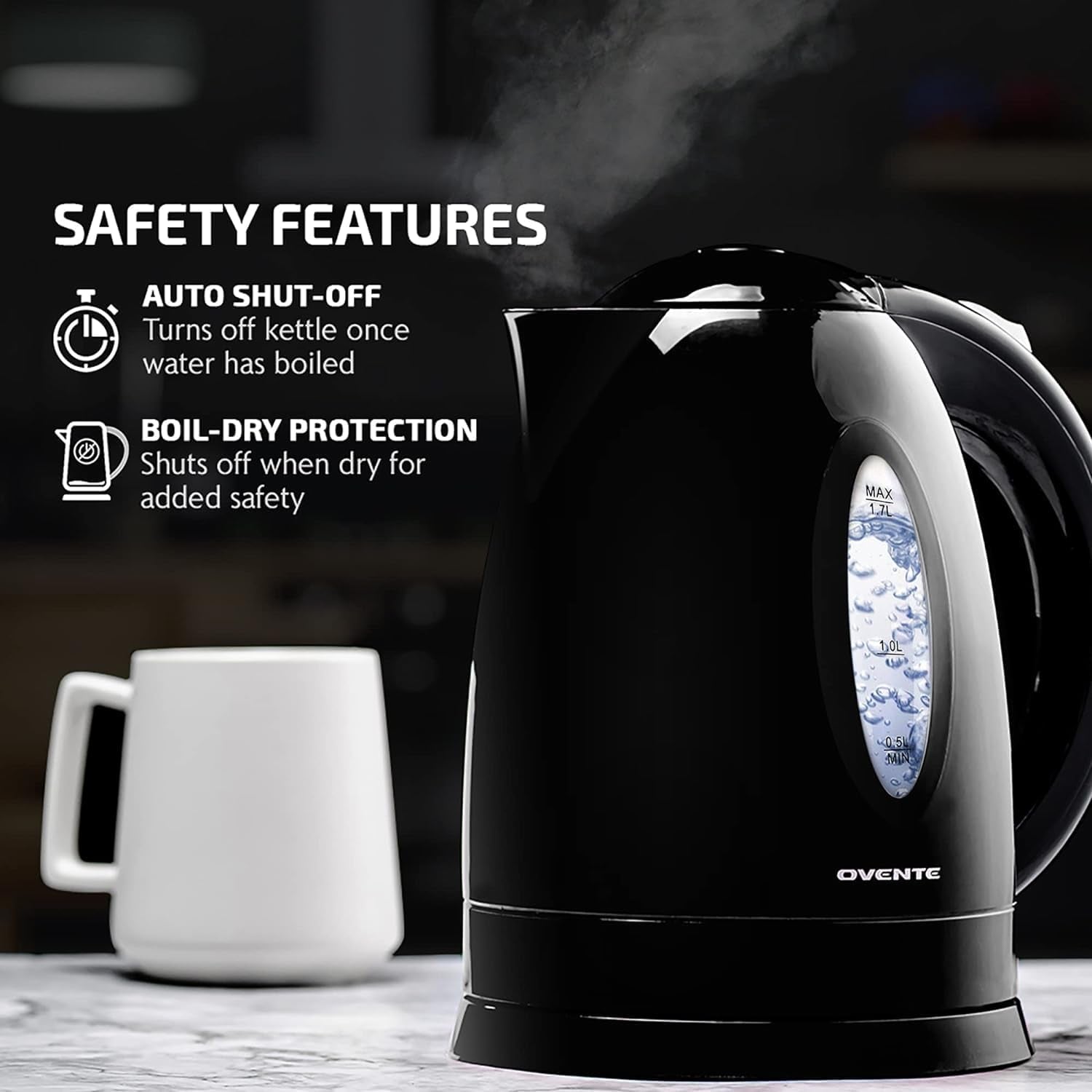 Electric Kettle, Hot Water, Heater 1.7 Liter - BPA Free Fast Boiling Cordless Water Warmer - Auto Shut off Instant Water Boiler for Coffee & Tea Pot - Black KP72B