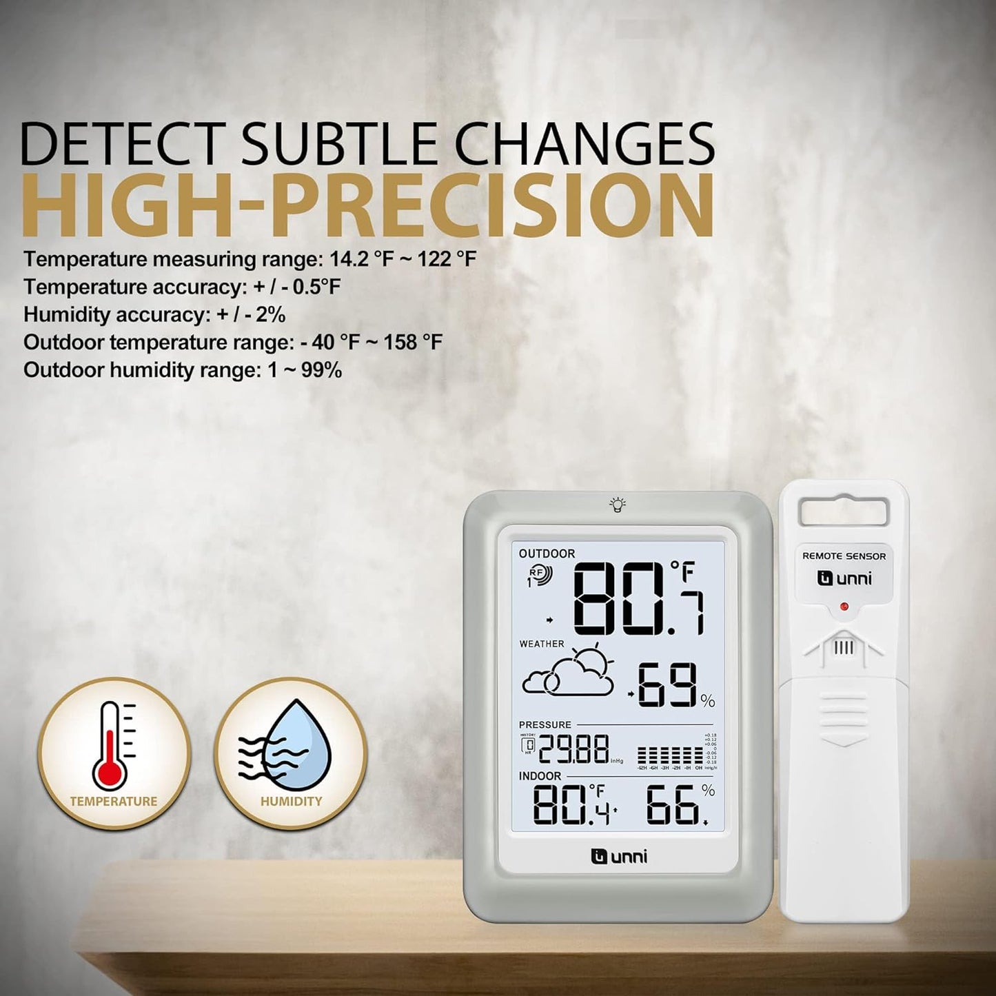 Indoor Outdoor Thermometer Hygrometer Wireless Weather Stations, Temperature Humidity Monitor Battery Powered inside outside Thermometer with 330Ft Range Remote Sensor and Adjustable Backlight