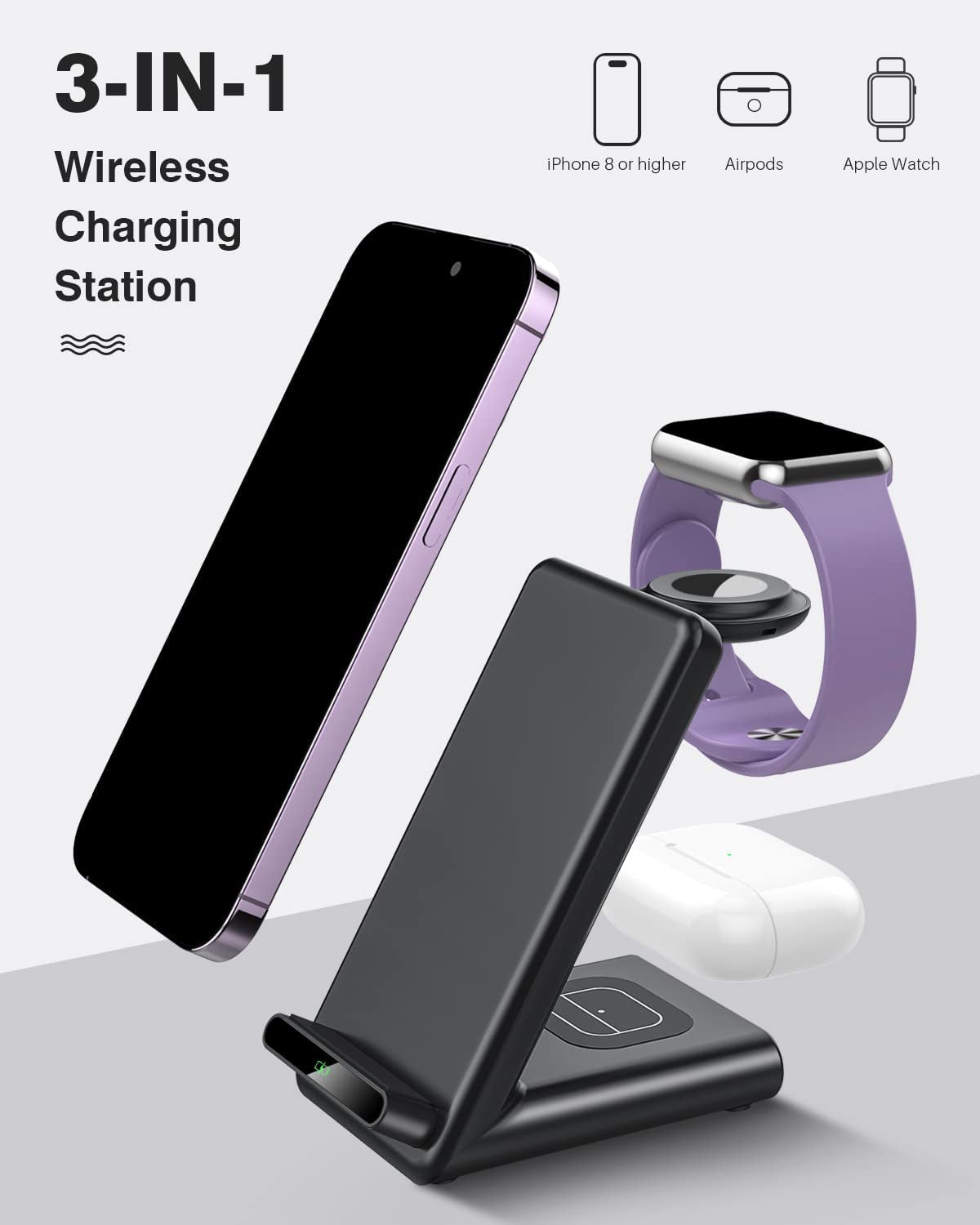 Wireless Charging Station,3 in 1 Wireless Charging Stand Made for Apple Watch Ultra 9 8 7 6 SE 5 4 3,Fast Wireless Charger Made for Iphone 15/Plus/Pro Max/14/13/12/11/X,For Airpods Pro(With Adapter)