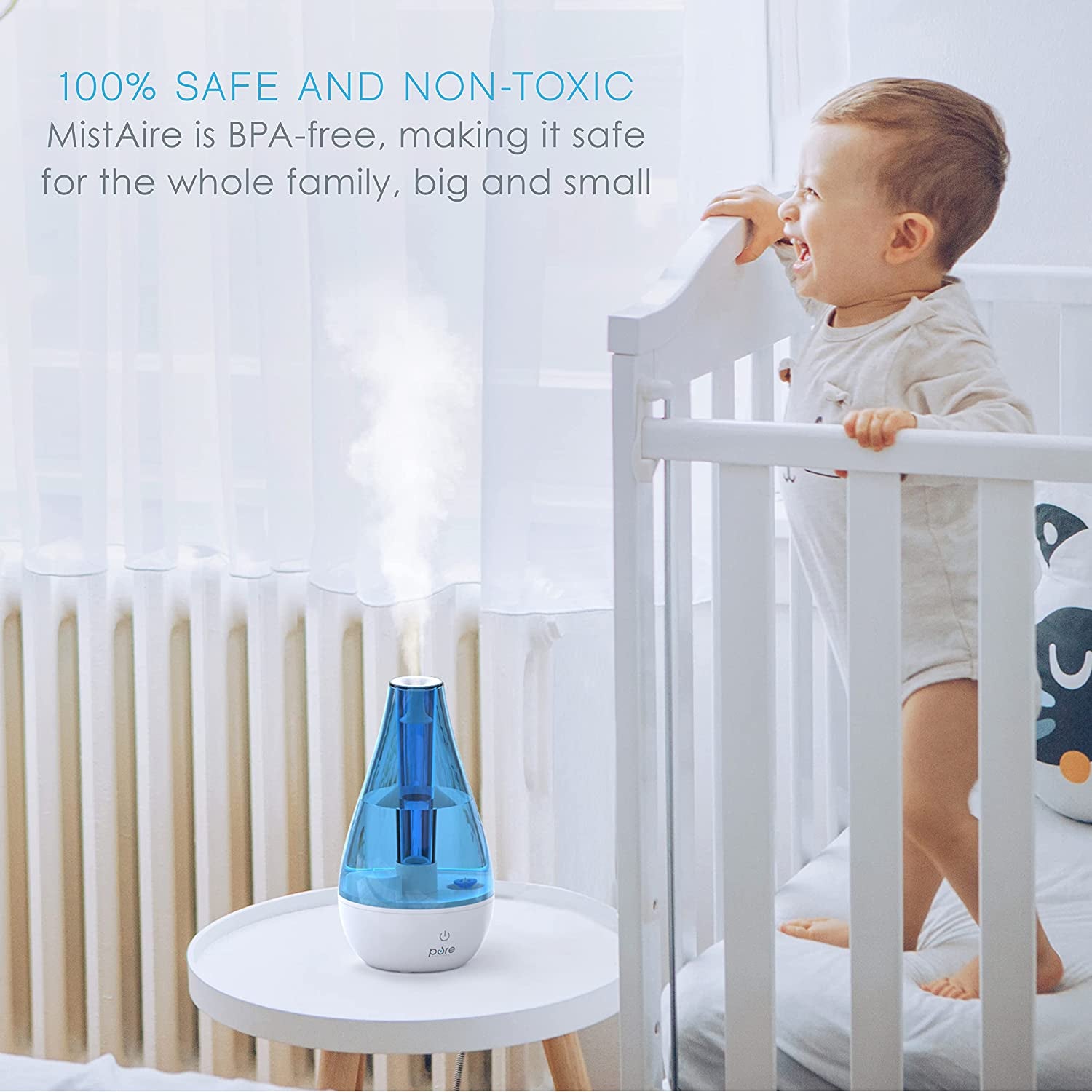 Mistaire Ultrasonic Cool Mist Humidifier - Compact, 2 Mist Settings, Night Light, Auto Shut-Off - for Small Rooms, Offices, Nurseries, & Plants