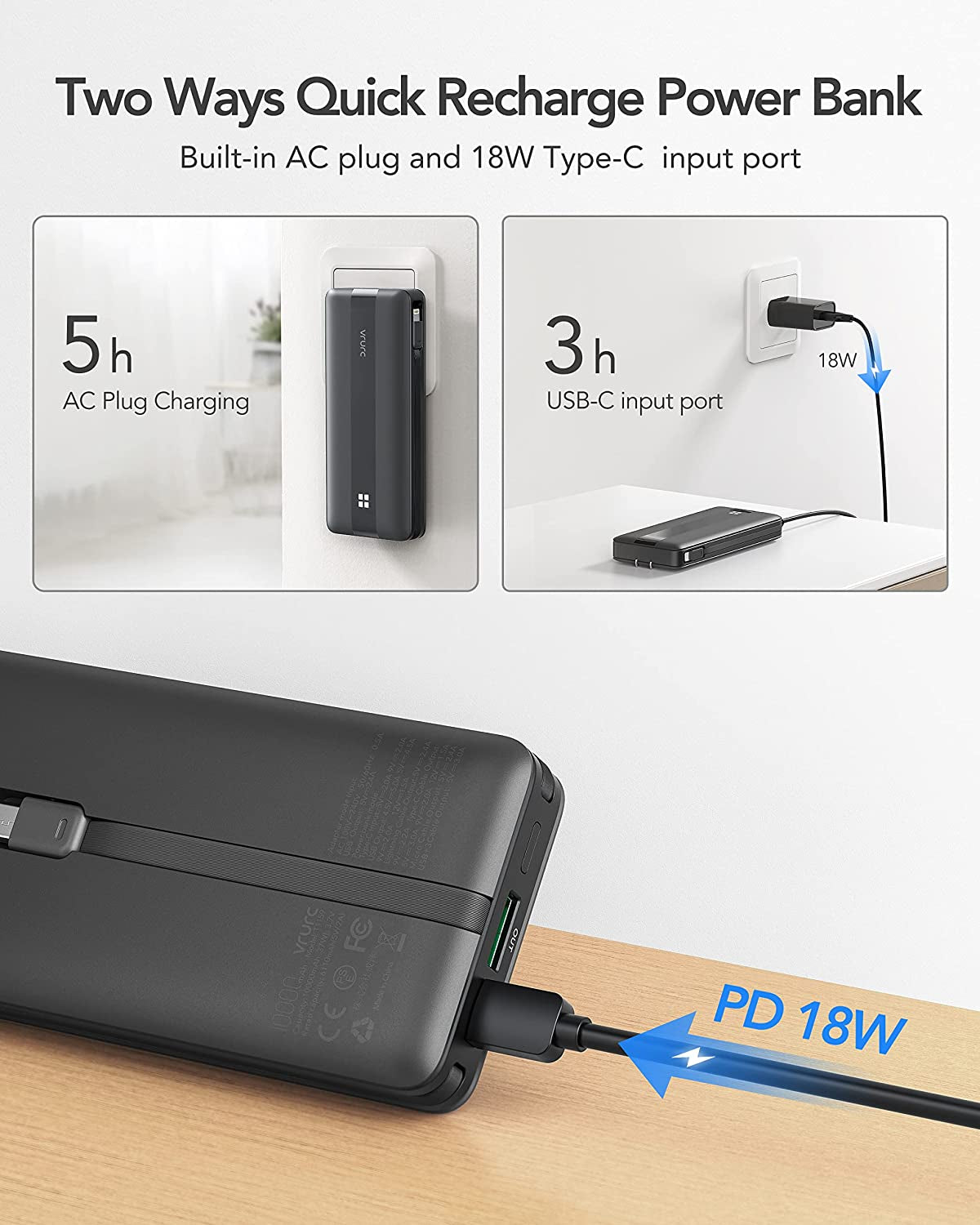 Portable Charger with Built-In Cables & AC Wall Plug,  22.5W Fast Charging 10000Mah Power Bank(Qc4.0 & PD3.0), USB C Battery Pack with 4 Output 2 Input, Compatible with Iphone Samsung Android Etc