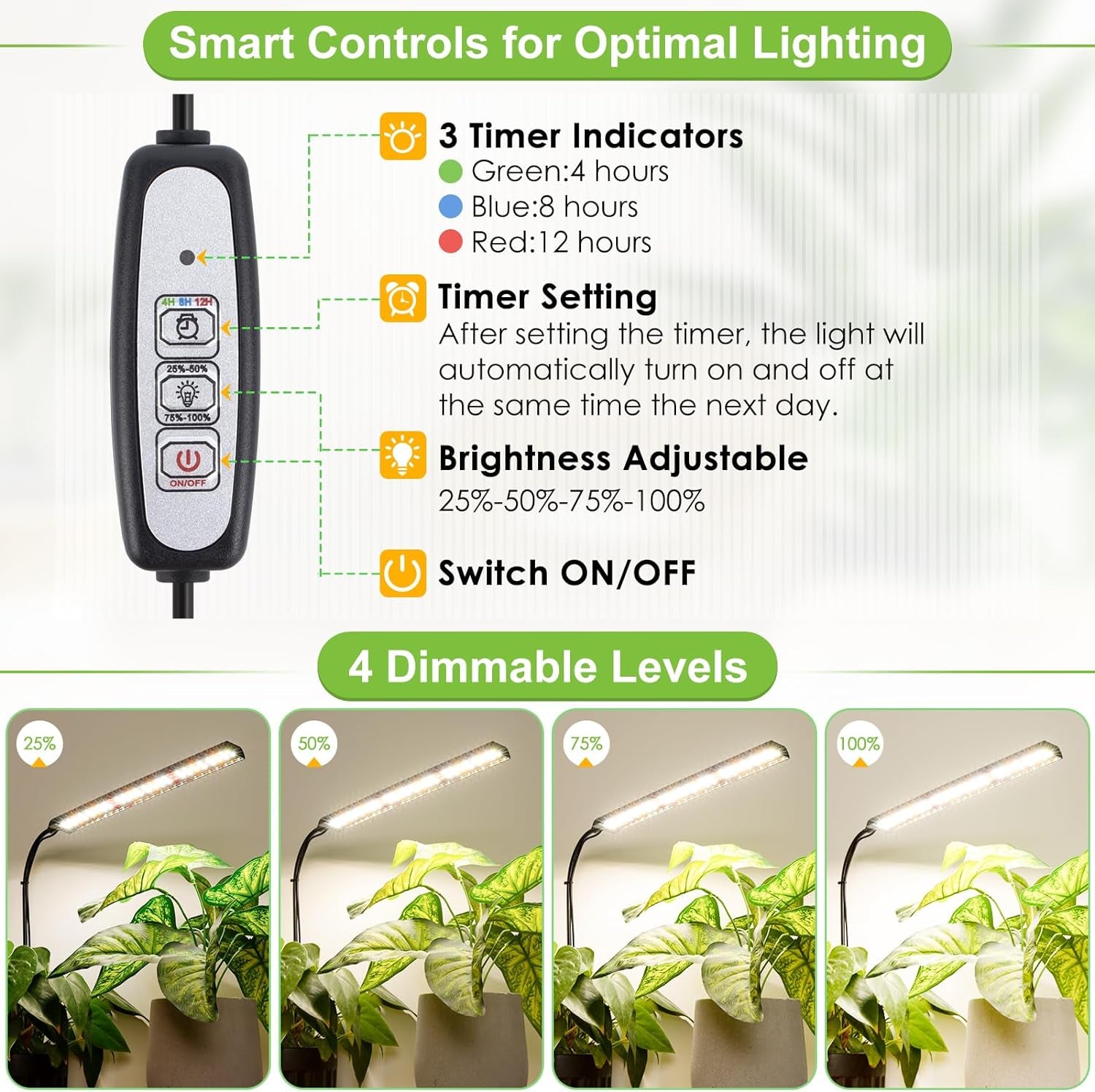 Grow Light for Indoor Plants Growing, Full Spectrum Gooseneck Plant Light for Indoor Plants, 52 LED Bright Grow Lamp with Auto On/Off Timer 4/8/12H, 4 Dimmable Brightness, Black