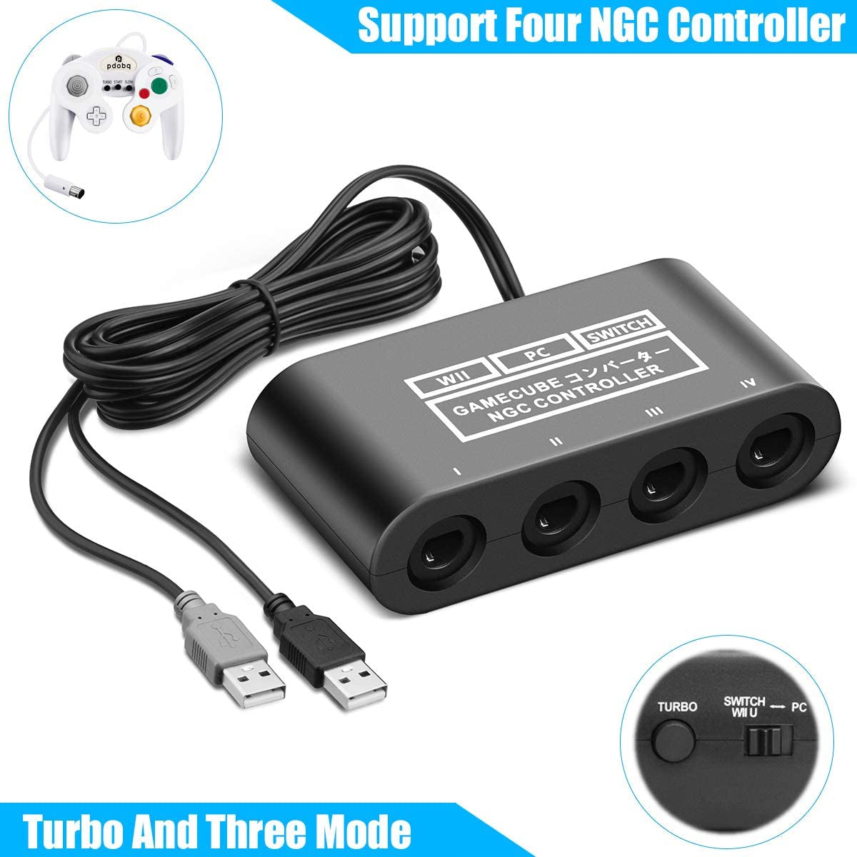 Gamecube Adapter for Nintendo Switch Gamecube Controller Adapter and WII U and PC, Super Smash Bros Gamecube Controller Adapter. Support Turbo and Vibration Features with 180Cm Long Cable