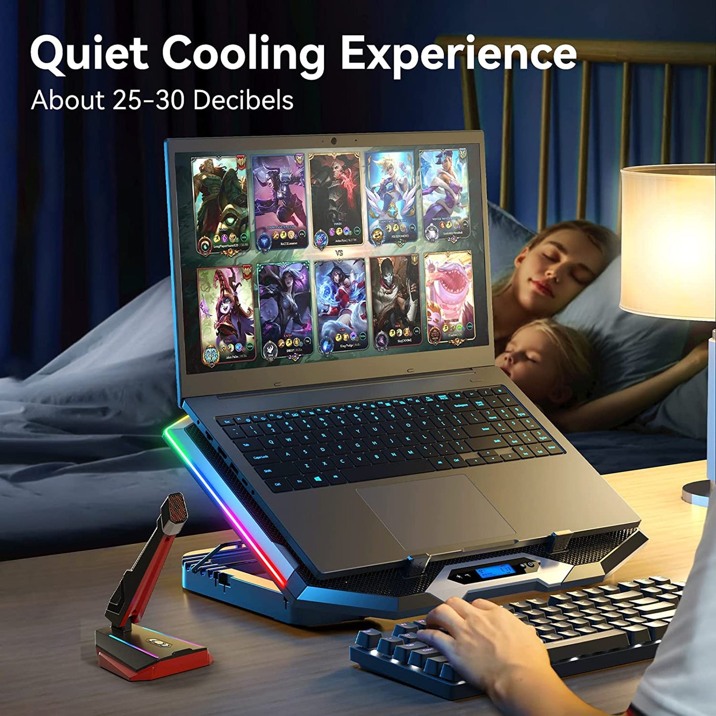 Gaming Laptop Cooling Pad with 8 Cooling Fans, Laptop Cooler Stand with 6 Height Adjustable, RGB Cooling Pad 15-17.3 Inch for Laptop with Two USB Port + Phone Stand