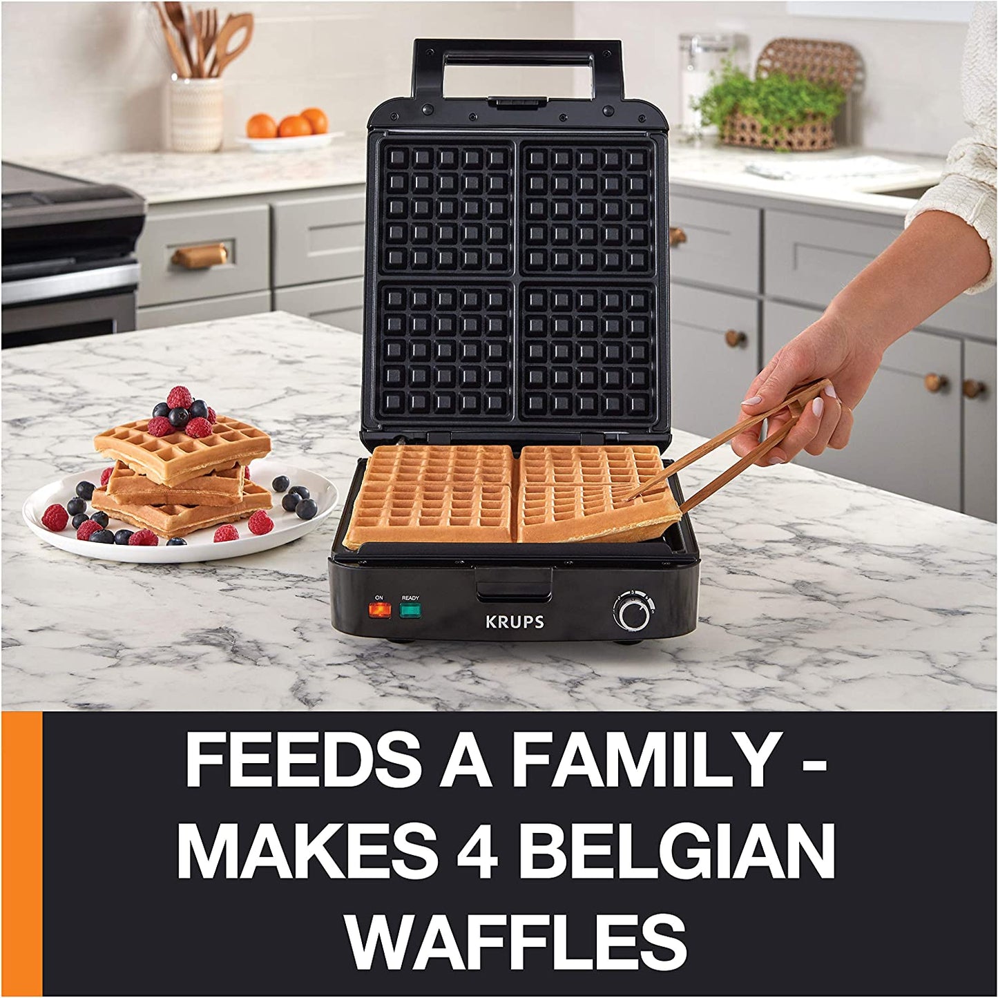 Breakfast Set Stainless Steel Waffle Maker 4 Slices Audible "Ready" Beep, 1200 Watts Square, 5 Browning Levels, Removable Plates, Dishwasher Safe, Belgian Waffle Silver and Black