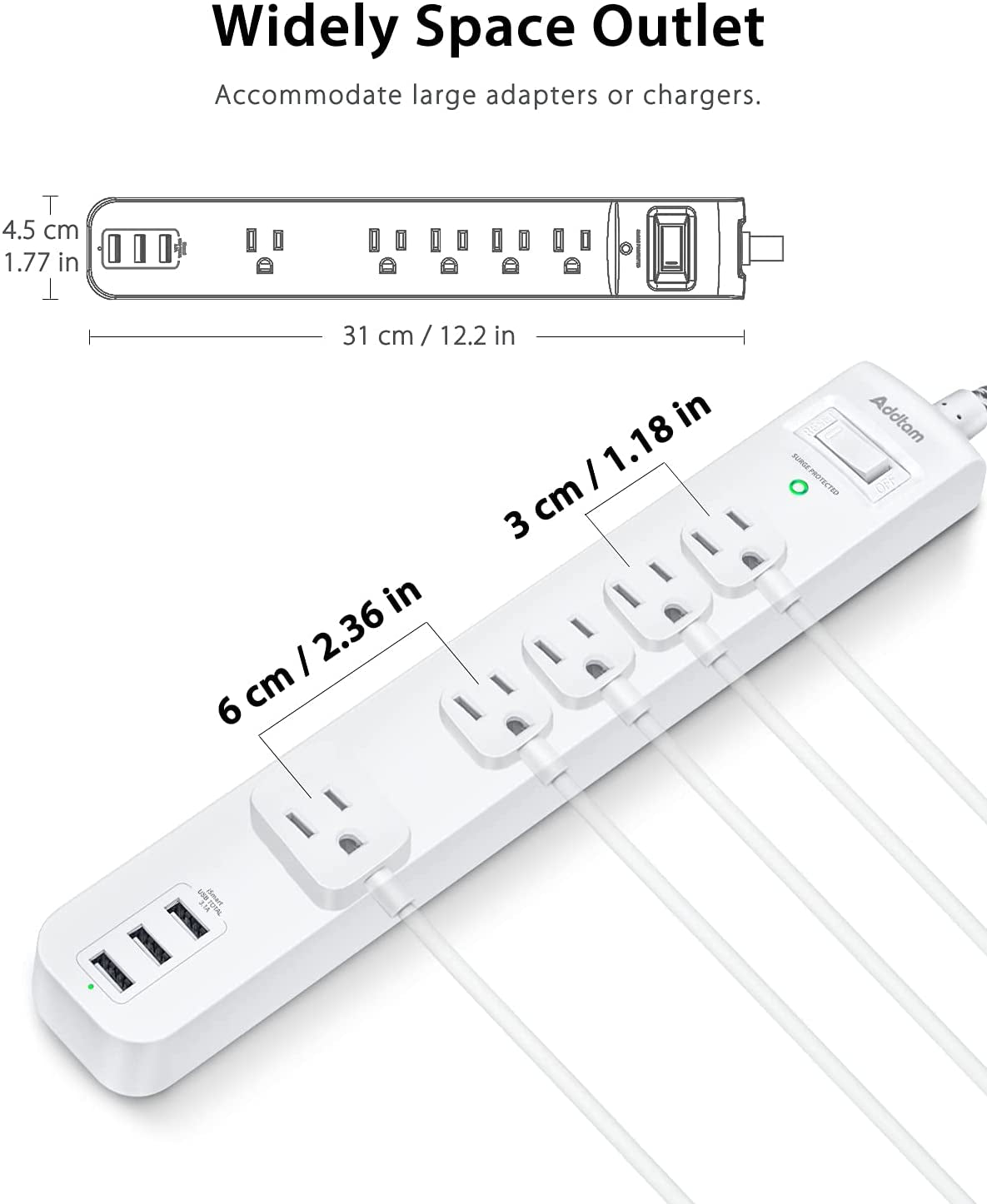 2 Pack Power Strip Surge Protector - 5 Widely Spaced Outlets 3 USB Charging Ports, 1875W/15A with 5Ft Braided Extension Cord, Flat Plug, Overload Surge Protection, Wall Mount for Home Office,White