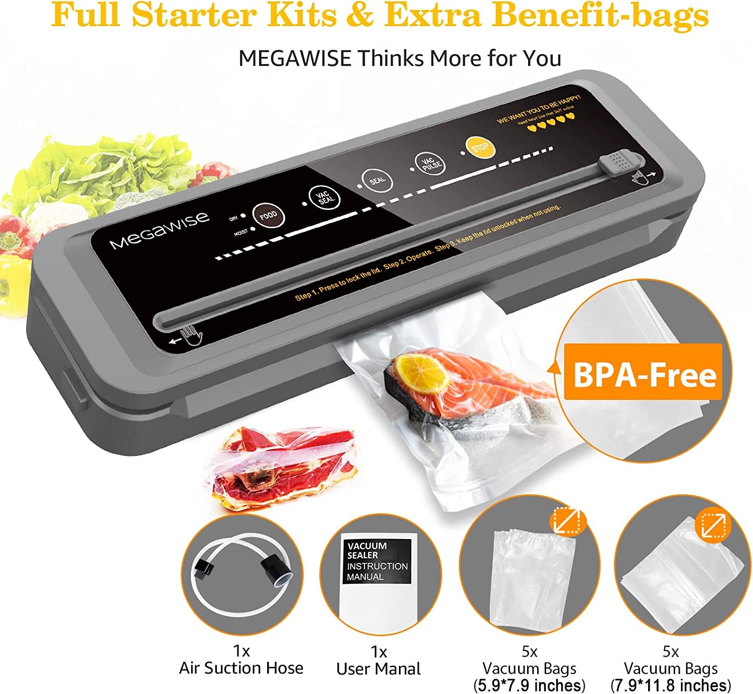 Vacuum Sealer Machine | 80Kpa Suction Power| Bags and Cutter Included | Compact One-Touch Automatic Food Sealer with External Vacuum System | Dry Moist Fresh Modes for All Saving Needs