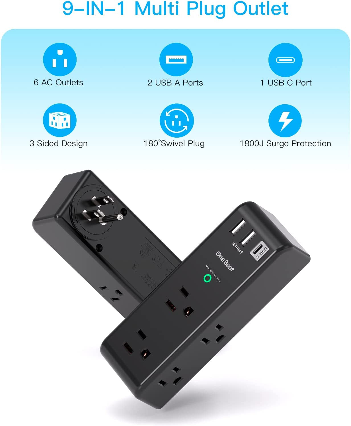 Surge Protector Outlet Extender - with Rotating Plug, 6 AC Multi Plug Outlet with 3 USB Ports (1 USB C), 1800 Joules, 3-Sided Swivel Power Strip with Spaced Outlet Splitter for Dorm, Office, Black