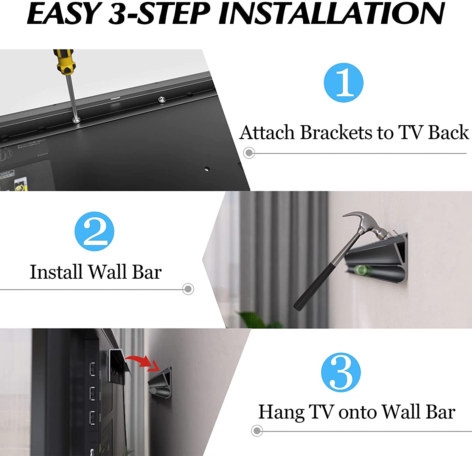 No Stud TV Wall Mount, Drywall Studless TV Hanger No Damage, No Drill, Non Screws, Flat Screen Easy Install Bar Bracket Fits VESA 12-55 Inch Tvs up to 99 Lbs, Include Hardware Levels