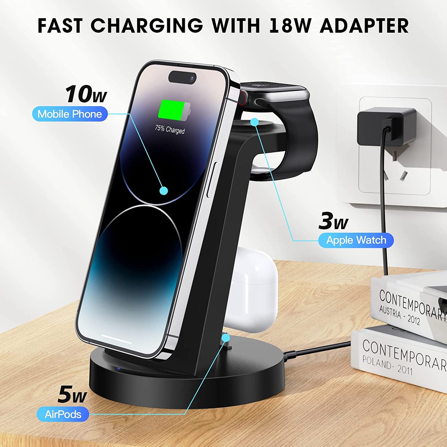 3 in 1 Charging Station for Iphone, Wireless Charger for Iphone 15 14 13 12 11 X Pro Max & Apple Watch - Charging Stand Dock for Airpods 3/2/1/Pro