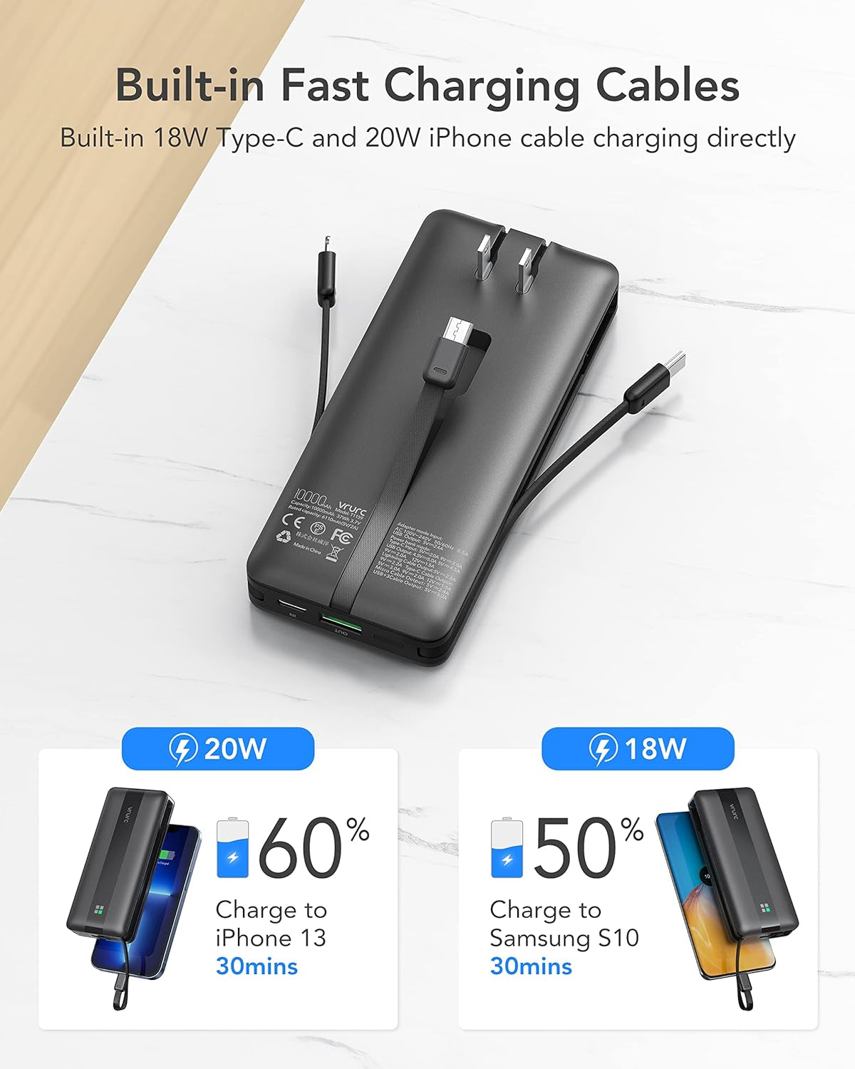 Portable Charger with Built-In Cables & AC Wall Plug,  22.5W Fast Charging 10000Mah Power Bank(Qc4.0 & PD3.0), USB C Battery Pack with 4 Output 2 Input, Compatible with Iphone Samsung Android Etc