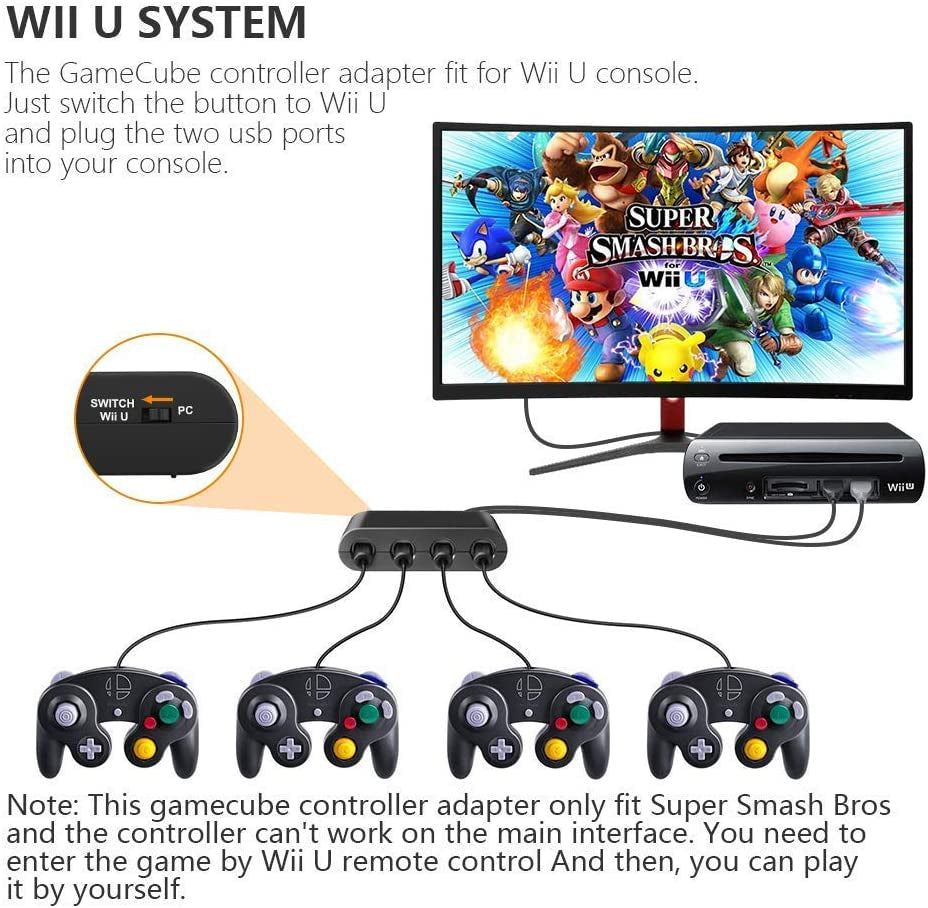 Gamecube Adapter for Nintendo Switch Gamecube Controller Adapter and WII U and PC, Super Smash Bros Gamecube Controller Adapter. Support Turbo and Vibration Features with 180Cm Long Cable