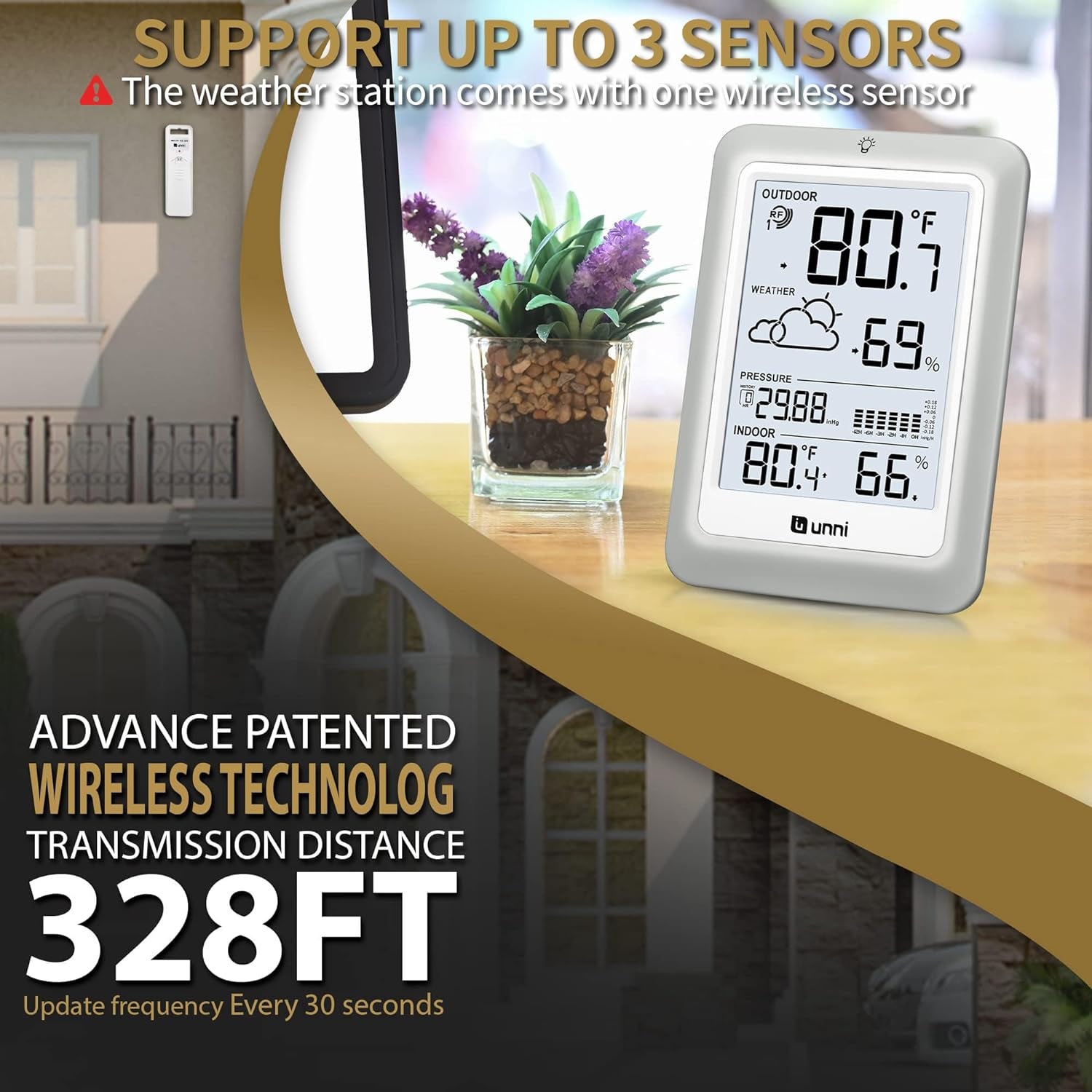 Indoor Outdoor Thermometer Hygrometer Wireless Weather Stations, Temperature Humidity Monitor Battery Powered inside outside Thermometer with 330Ft Range Remote Sensor and Adjustable Backlight