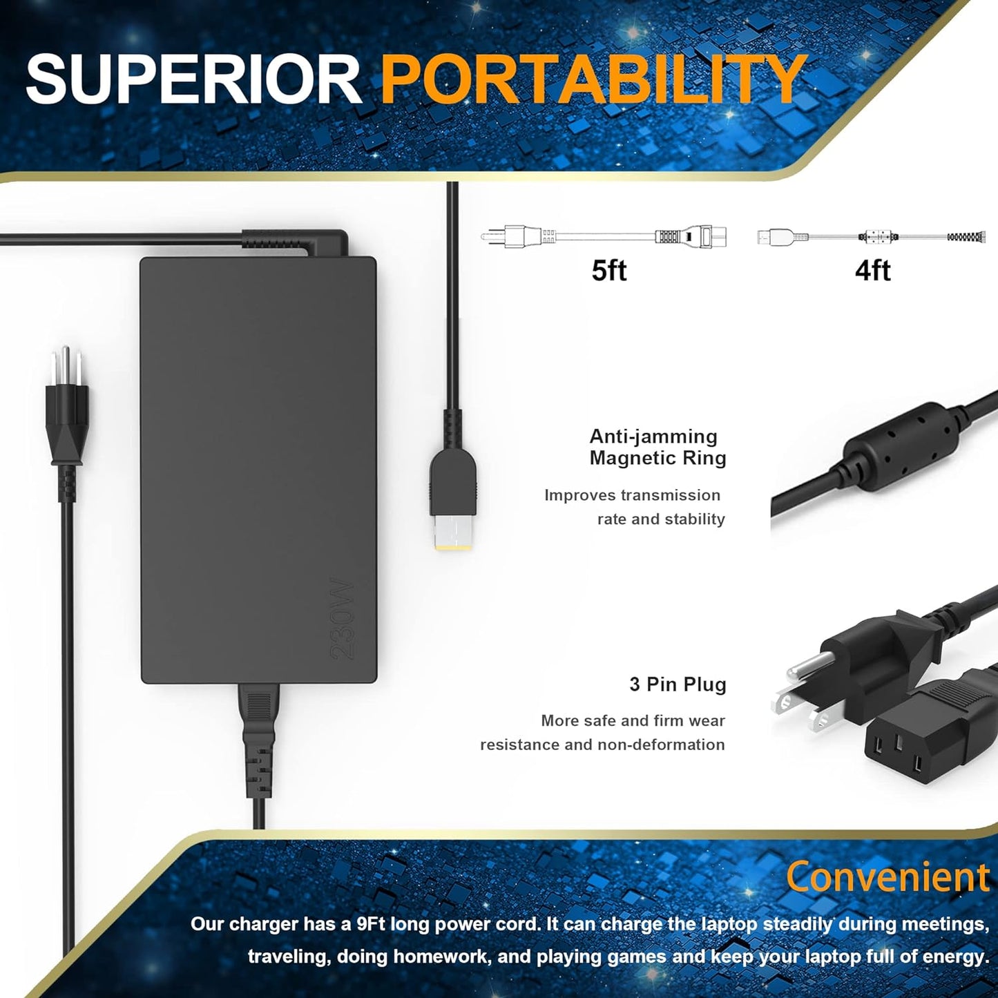 New Legion 5 Charger,230W AC Adapter for Lenovo Legion 5 7 5P C7 S7 Y540 Y545 Y740 Y730 Y900 Y910 Y920 Y7000 4X20E75111 GX20L29347 ADL230NDC3A ADL230NLC3A Thinkpad P73 P53 P72 P52 P71 P51 P70