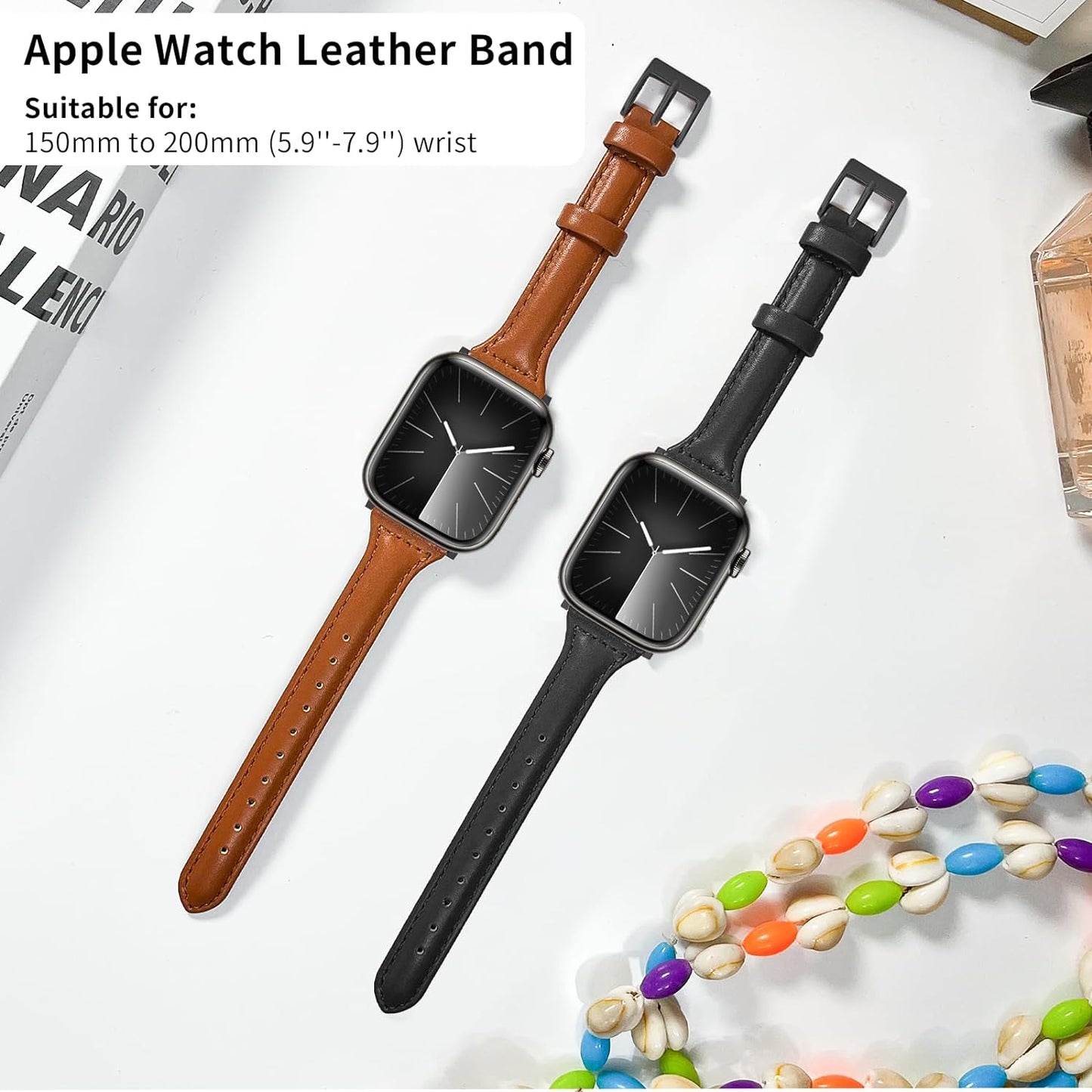 2-Pack Slim Leather Band Compatible with Apple Watch Band 40Mm 41Mm 38Mm 42Mm 44Mm 45Mm 49Mm, Top Premium Layer Leather Strap Thin Apple Watch Bands for Iwatch Series 9 8 7 6 5 4 3 2 1 SE