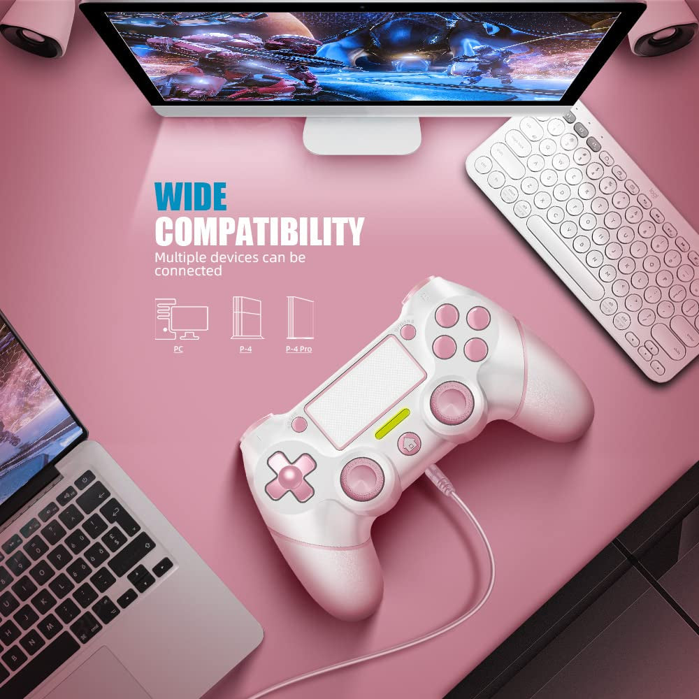 Wireless Controller for PS4, Custom Design V2 Gamepad Joystick for PS4 with Non-Slip Grip of Both Sides and 3.5Mm Audio Jack! Thumb Caps Included! (Pink-White)