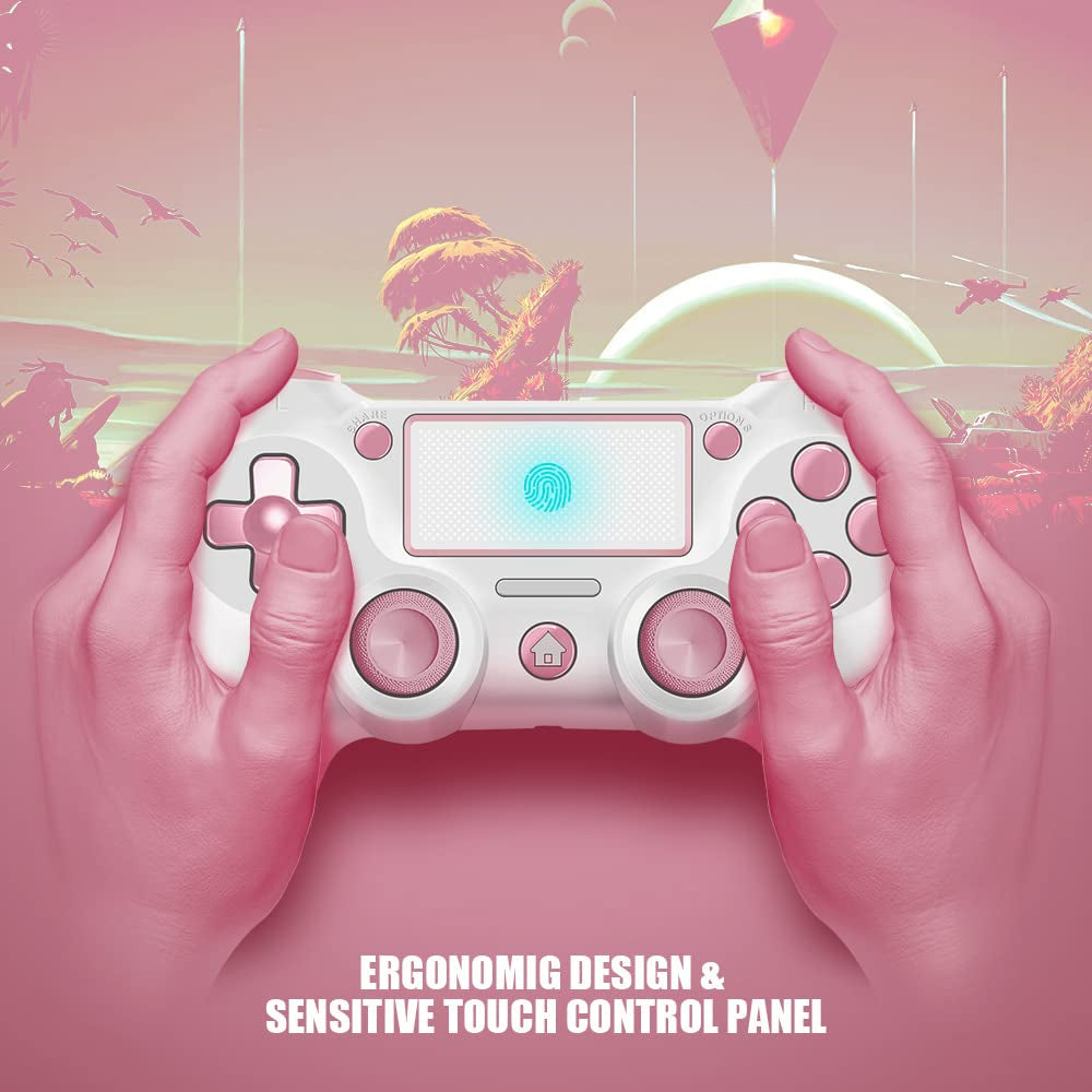 Wireless Controller for PS4, Custom Design V2 Gamepad Joystick for PS4 with Non-Slip Grip of Both Sides and 3.5Mm Audio Jack! Thumb Caps Included! (Pink-White)