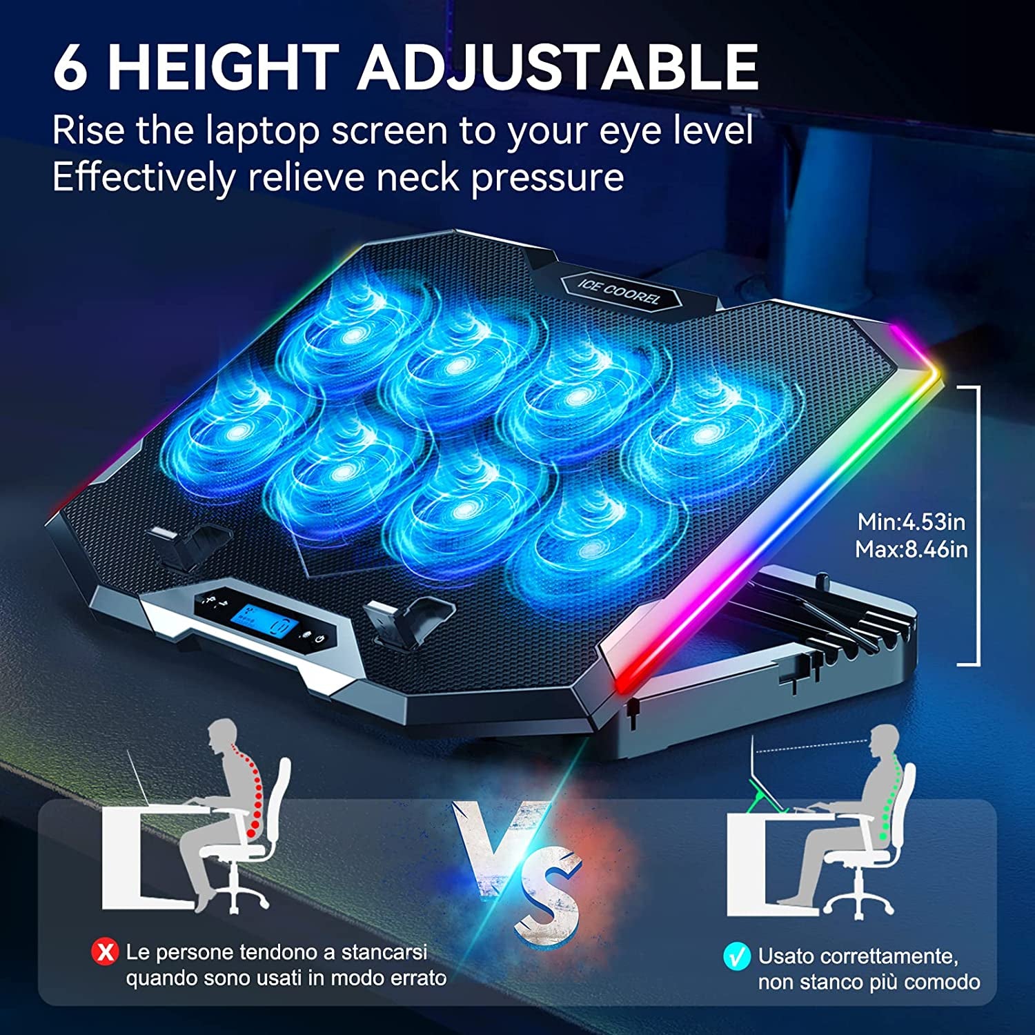 Gaming Laptop Cooling Pad with 8 Cooling Fans, Laptop Cooler Stand with 6 Height Adjustable, RGB Cooling Pad 15-17.3 Inch for Laptop with Two USB Port + Phone Stand