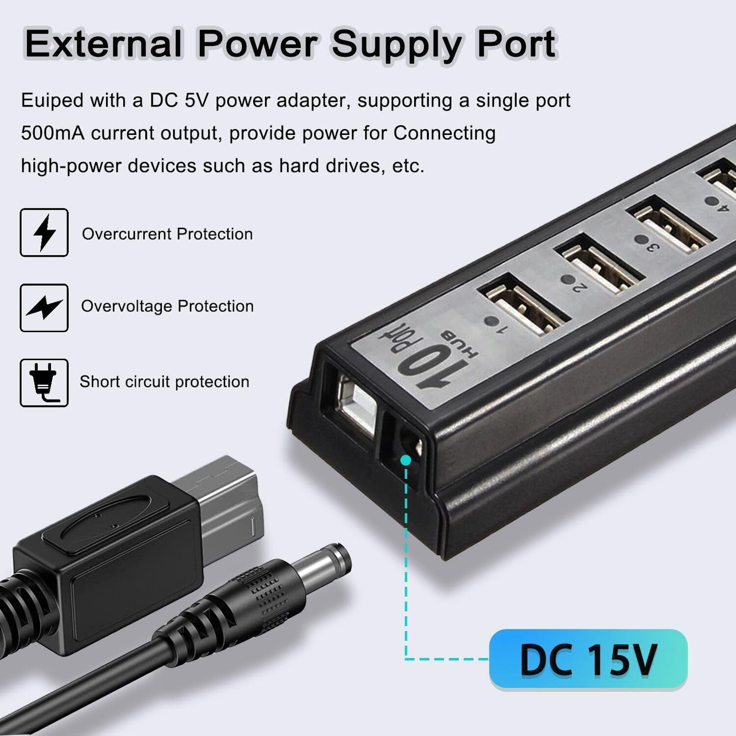 Powered USB Hub 2.0,  10-Port USB Hub USB Extender Splitter (Support Smart Charging + Faster Data Transfer) with Individual LED Indicator Light for Macbook, PC, Laptop, All-In-One