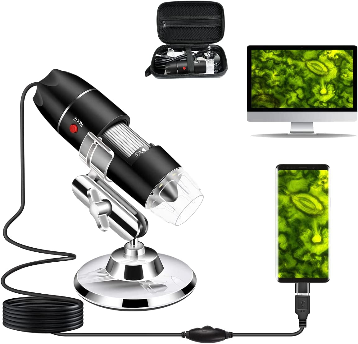 USB Microscope Camera 40X to 1000X,  Digital Microscope with Metal Stand & Carrying Case, Compatible with Android Windows Linux Mac, Portable Microscope Camera for Kids Students Adults