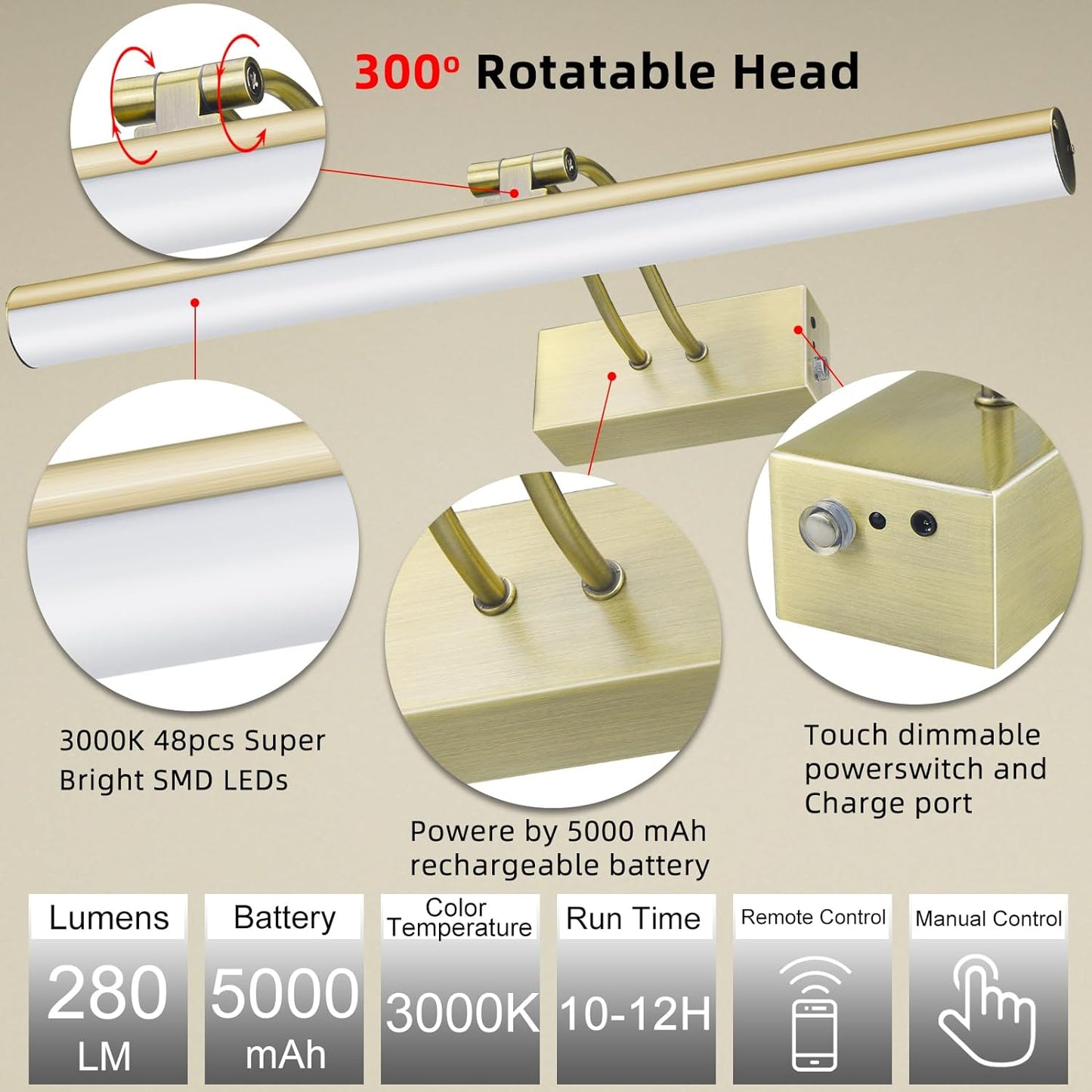 Picture Light, Rechargeable Picture Lights for Paintings,Remote Control Display Art Light with Timer and Dimmable for Painting,Frame, Portrait, Dart Board,L-Antique Brass