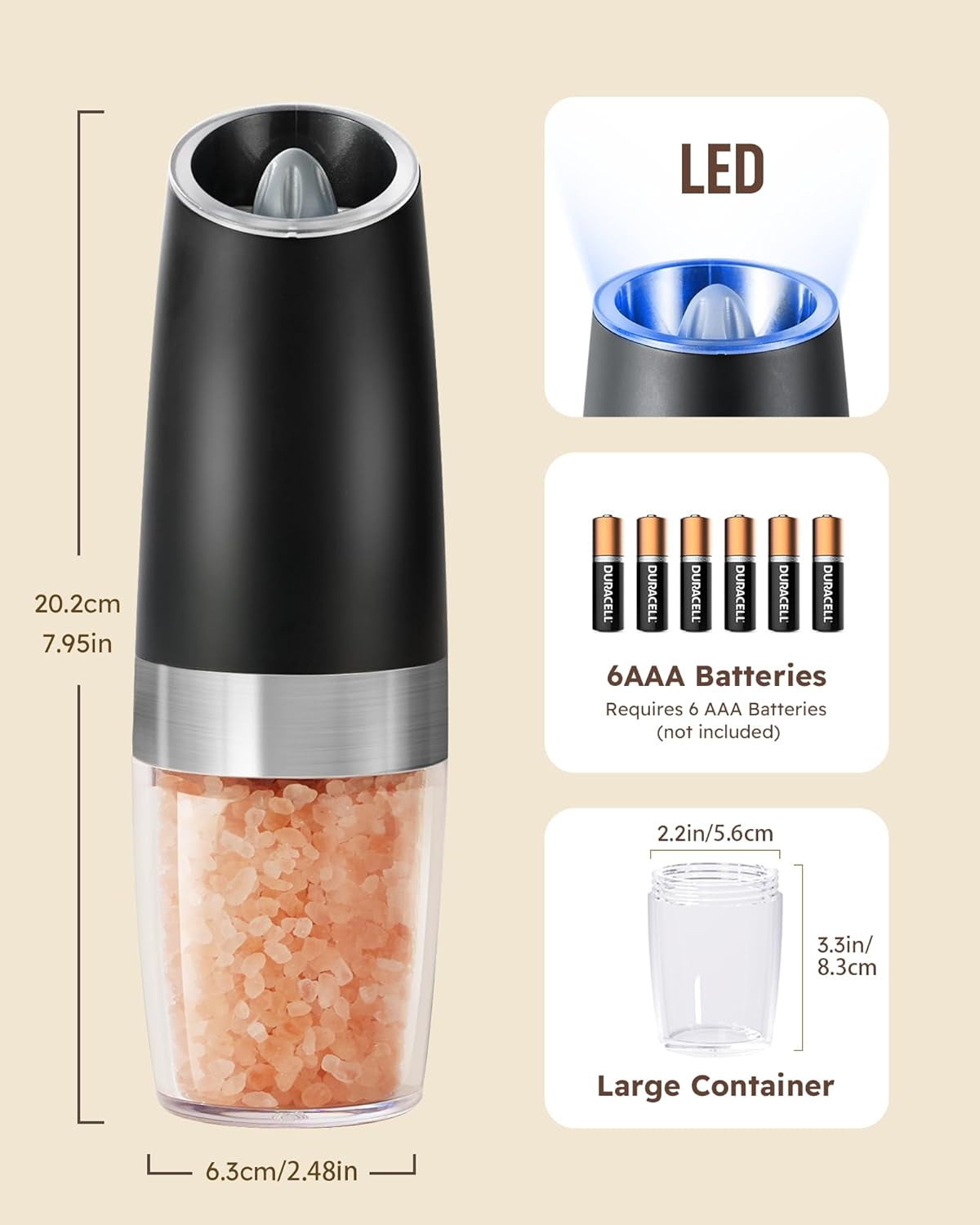 Gravity Electric Pepper and Salt Grinder Mill Automatic Shaker Grinder with LED Light, Battery Powered Adjustable Coarseness One Hand Operation, Upgraded Larger Capacity, 1Pc