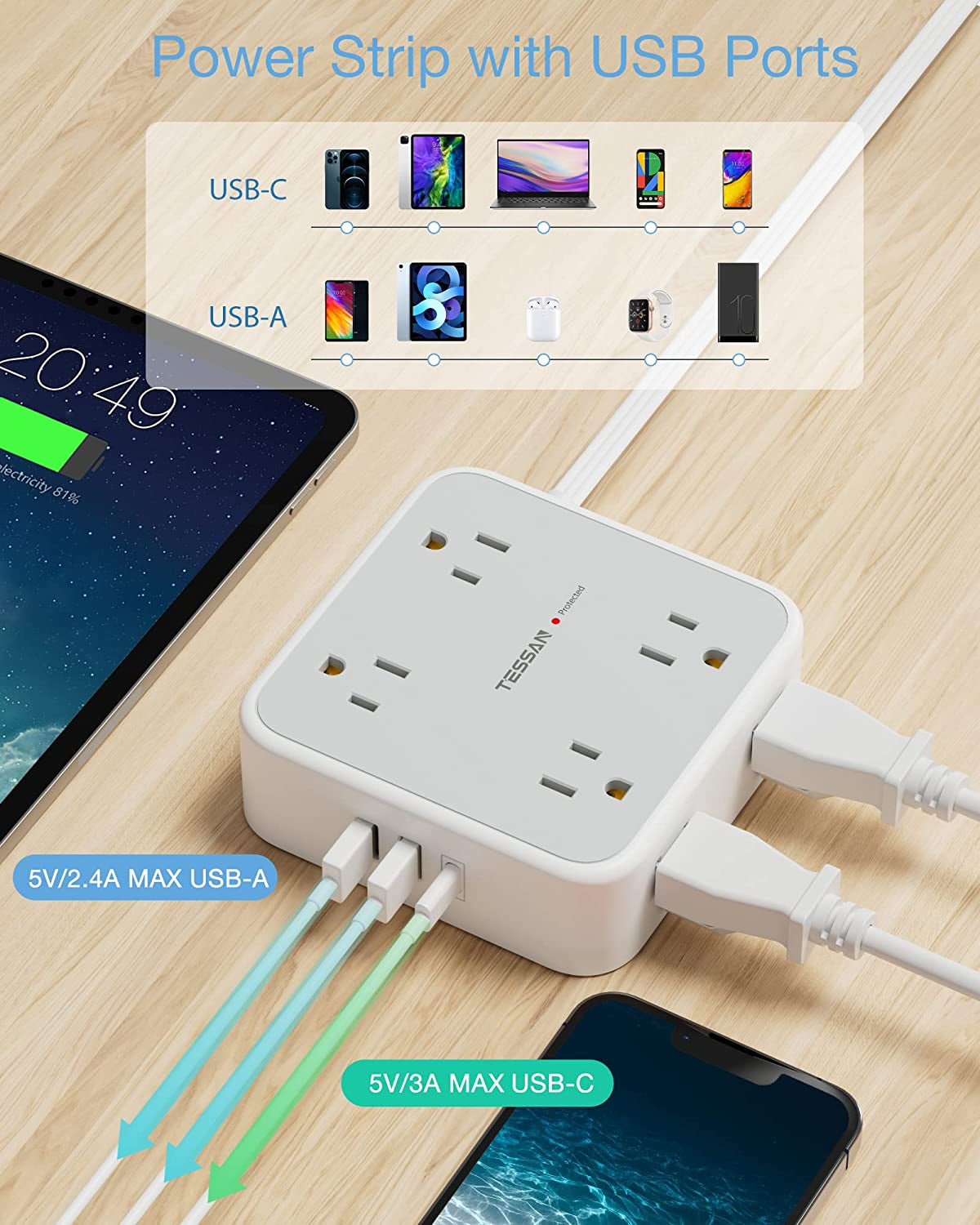 Power Strip Surge Protector 10 Ft Cord, 8 AC Outlets, 3 USB Charger(1 USB C Port), Ultra Thin Extension Cord, Flat Plug, 900 Joules Protection, Desk Charging Station for Home, Office Essentials