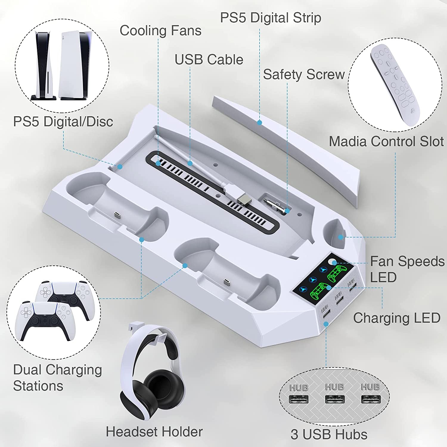 PS5 Stand and Cooling Station with Dual Controller Charging Station for Playstation 5 Console, PS5 Accessories Incl. Controller Charger, Cooling Fan,Headset Holder (Not Fit 2023 PS5 Slim Disc&Digital)