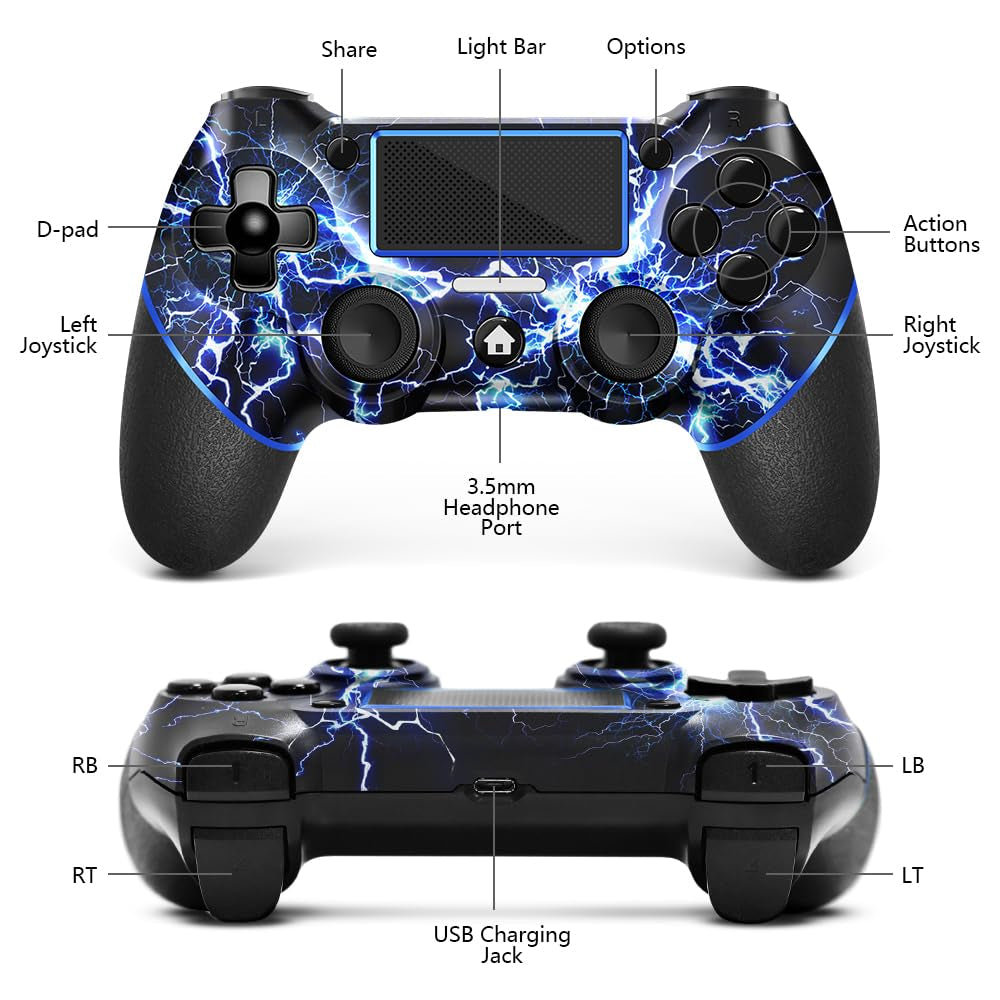 Wireless Controller for PS4, Custom Design V2 Gamepad Joystick for PS4 with Non-Slip Grip of Both Sides and 3.5Mm Audio Jack! Thumb Caps Included! (Lightning)