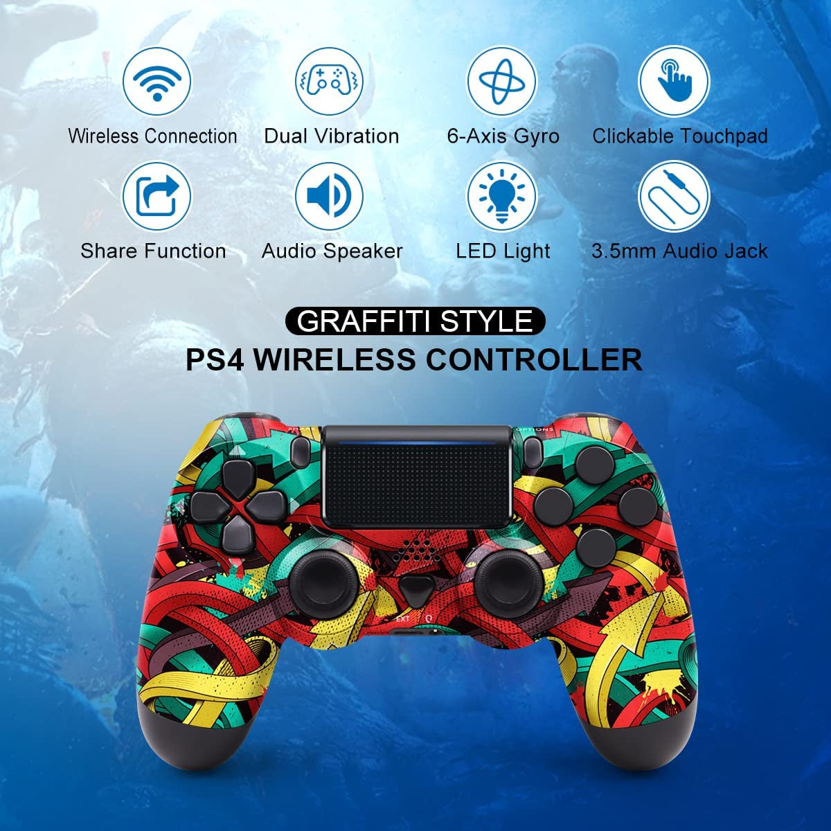 PS4 Controller Wireless, with USB Cable/1000Mah Battery/Dual Vibration/6-Axis Motion Control/3.5Mm Audio Jack/Multi Touch Pad/Share Button, PS4 Controller Compatible with Ps4/Slim/Pro/Pc