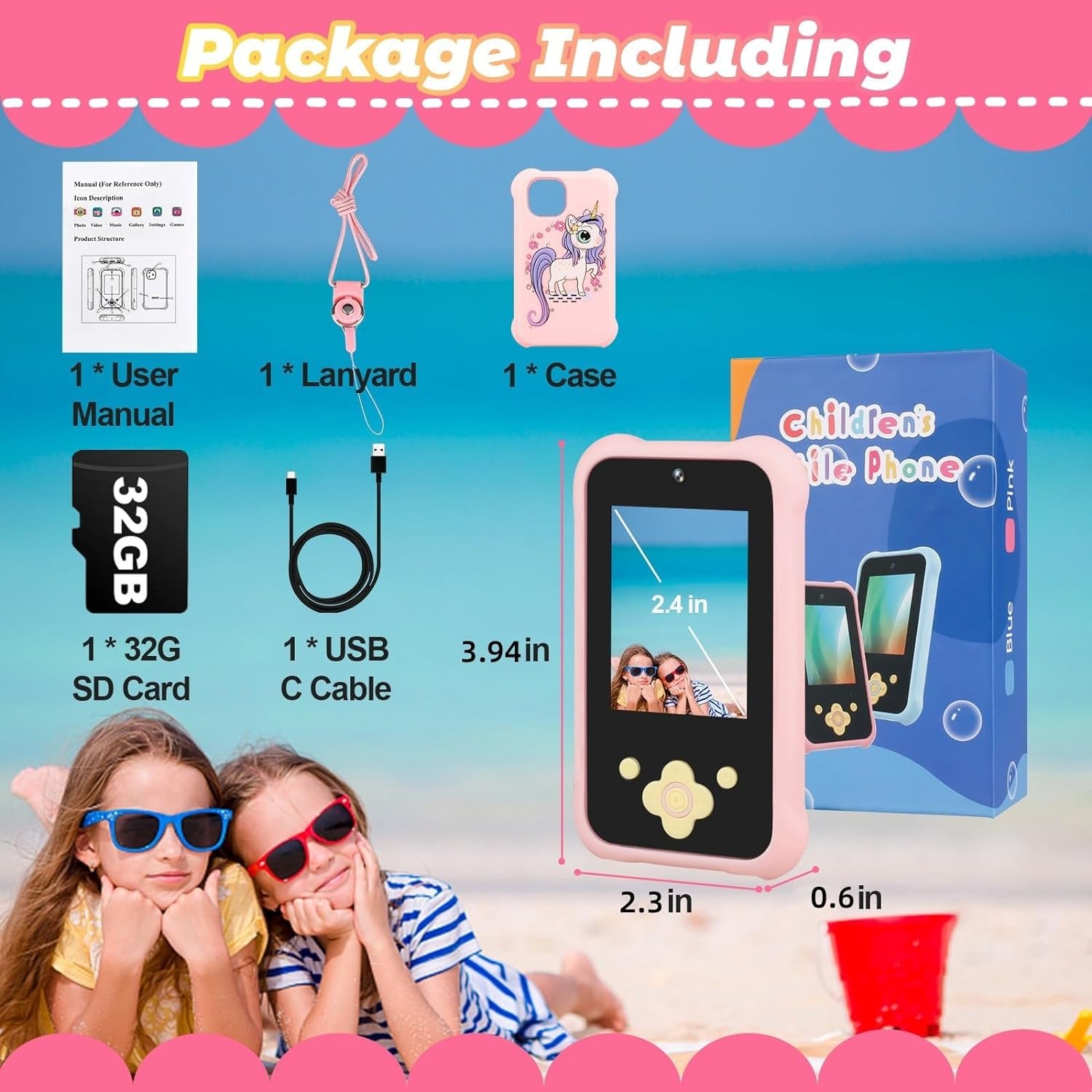 Smart Phone for Girls, Toddler Toy Phone with Dual Camera and MP3 Music Player, Kids Mini Phone with 32G SD Card & Silicone Cover & Lanyard Birthday for Kids Age 3/4/5/6/7 (Pink)