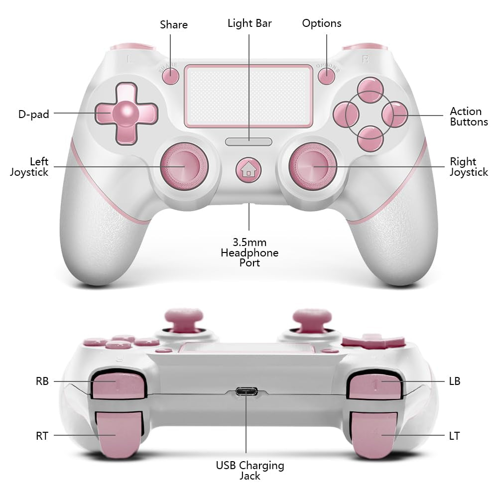 Wireless Controller for PS4, Custom Design V2 Gamepad Joystick for PS4 with Non-Slip Grip of Both Sides and 3.5Mm Audio Jack! Thumb Caps Included! (Pink-White)