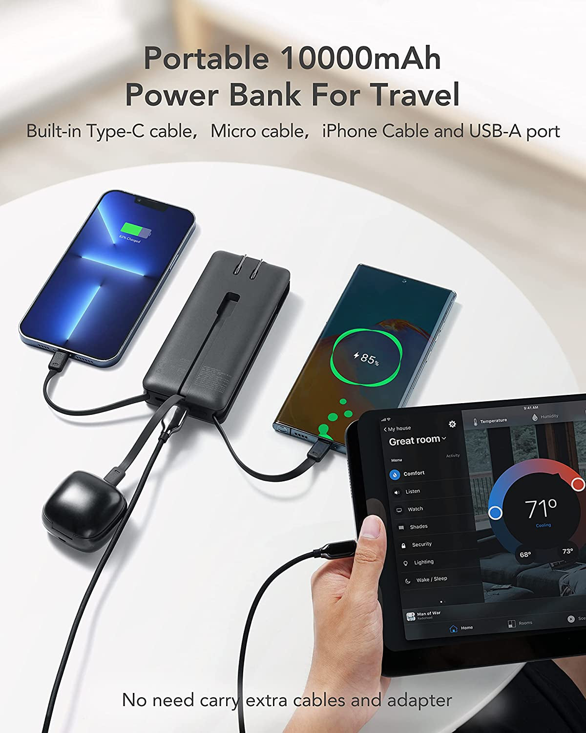 Portable Charger with Built-In Cables & AC Wall Plug,  22.5W Fast Charging 10000Mah Power Bank(Qc4.0 & PD3.0), USB C Battery Pack with 4 Output 2 Input, Compatible with Iphone Samsung Android Etc