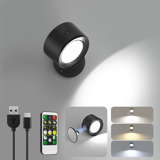 LED Wall Lights with Remote, Wall Mounted Sconces 3000Mah Rechargeable Battery Operated 3 Color Temperatures & Dimmable Magnetic Ball 360°Rotation Cordless Wall Light for Bedroom Bedside