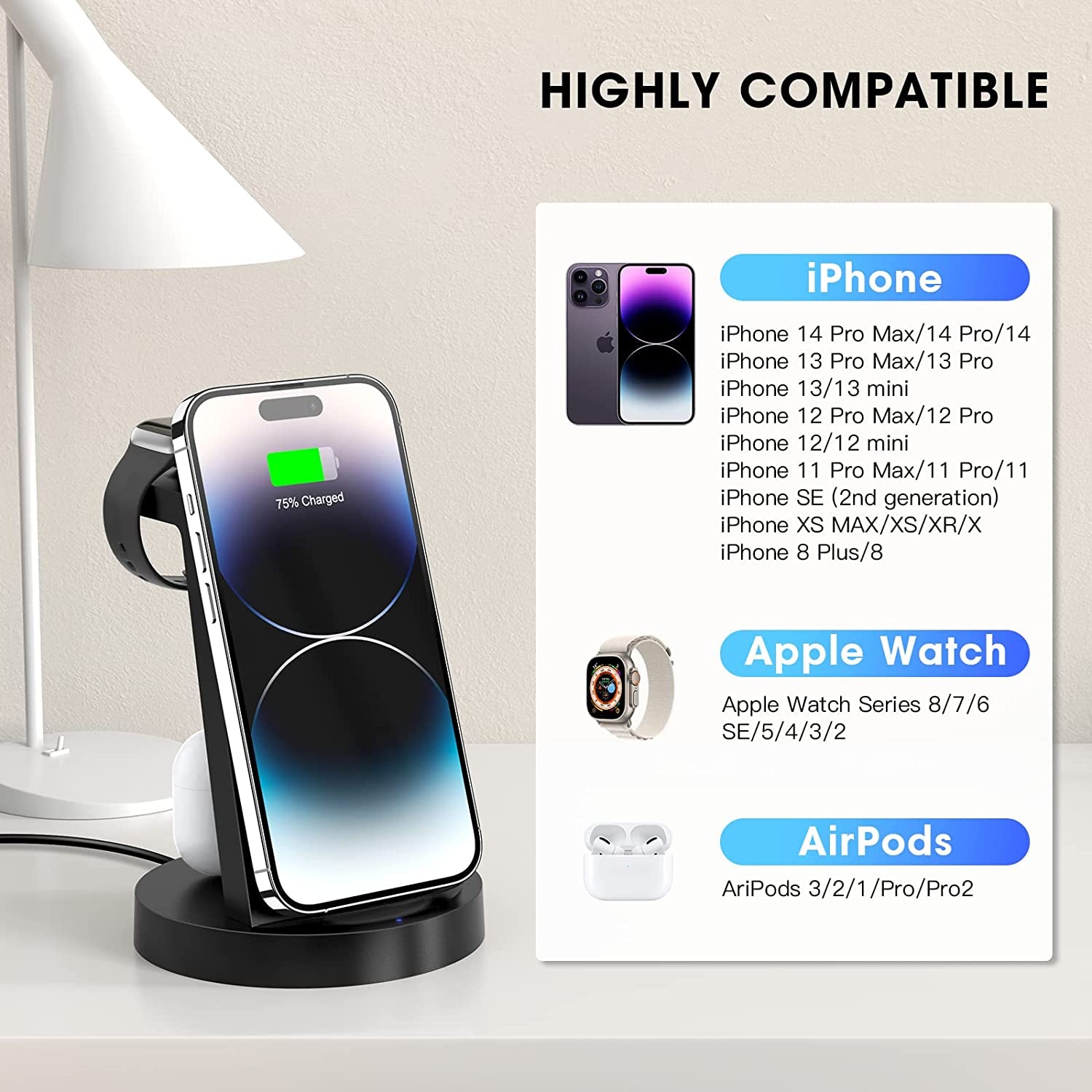 3 in 1 Charging Station for Iphone, Wireless Charger for Iphone 15 14 13 12 11 X Pro Max & Apple Watch - Charging Stand Dock for Airpods 3/2/1/Pro