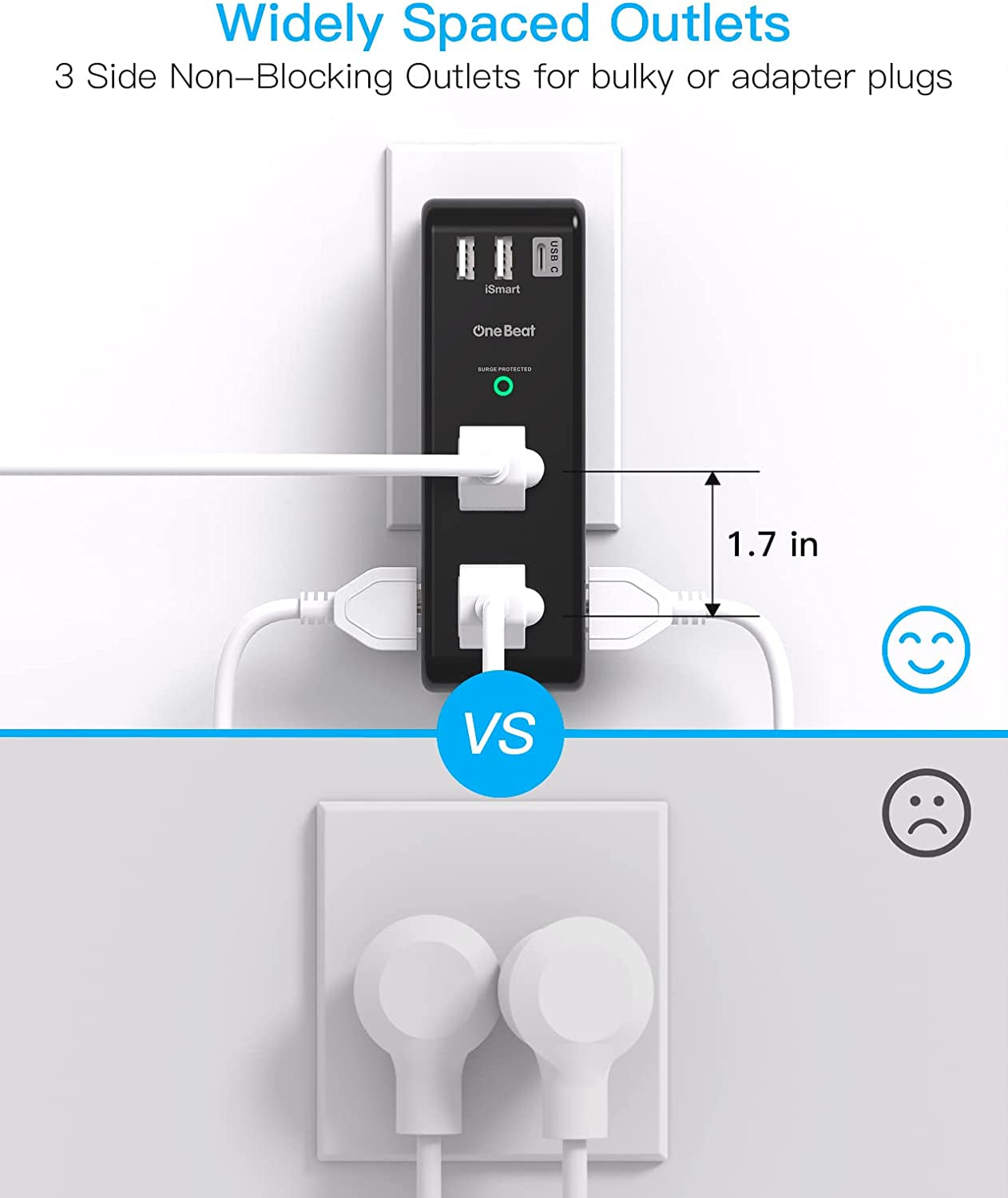 Surge Protector Outlet Extender - with Rotating Plug, 6 AC Multi Plug Outlet with 3 USB Ports (1 USB C), 1800 Joules, 3-Sided Swivel Power Strip with Spaced Outlet Splitter for Dorm, Office, Black