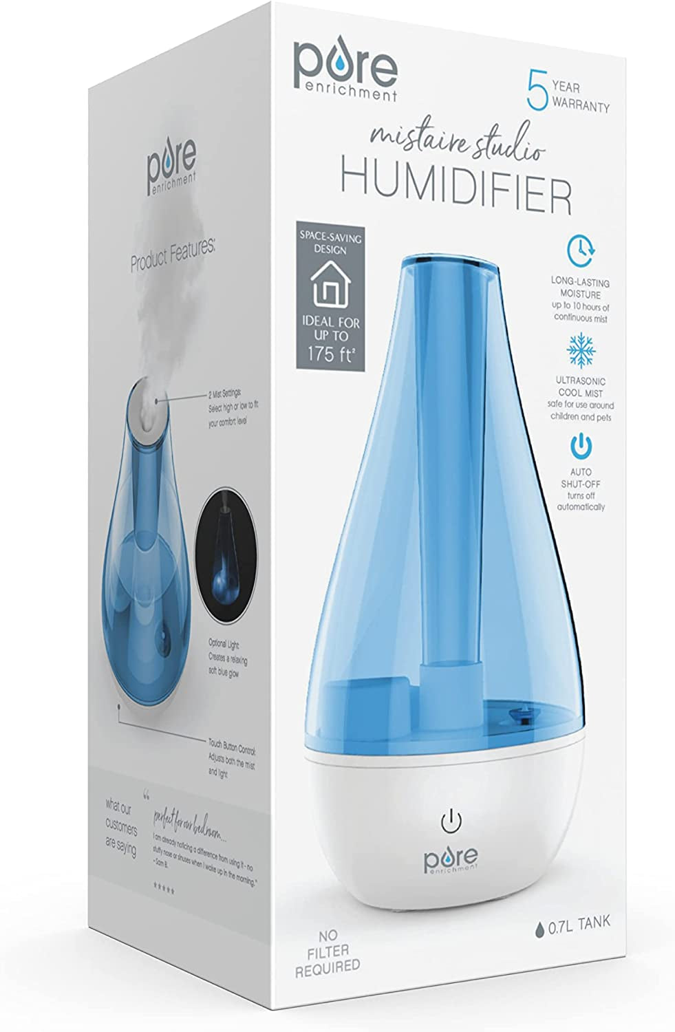 Mistaire Ultrasonic Cool Mist Humidifier - Compact, 2 Mist Settings, Night Light, Auto Shut-Off - for Small Rooms, Offices, Nurseries, & Plants