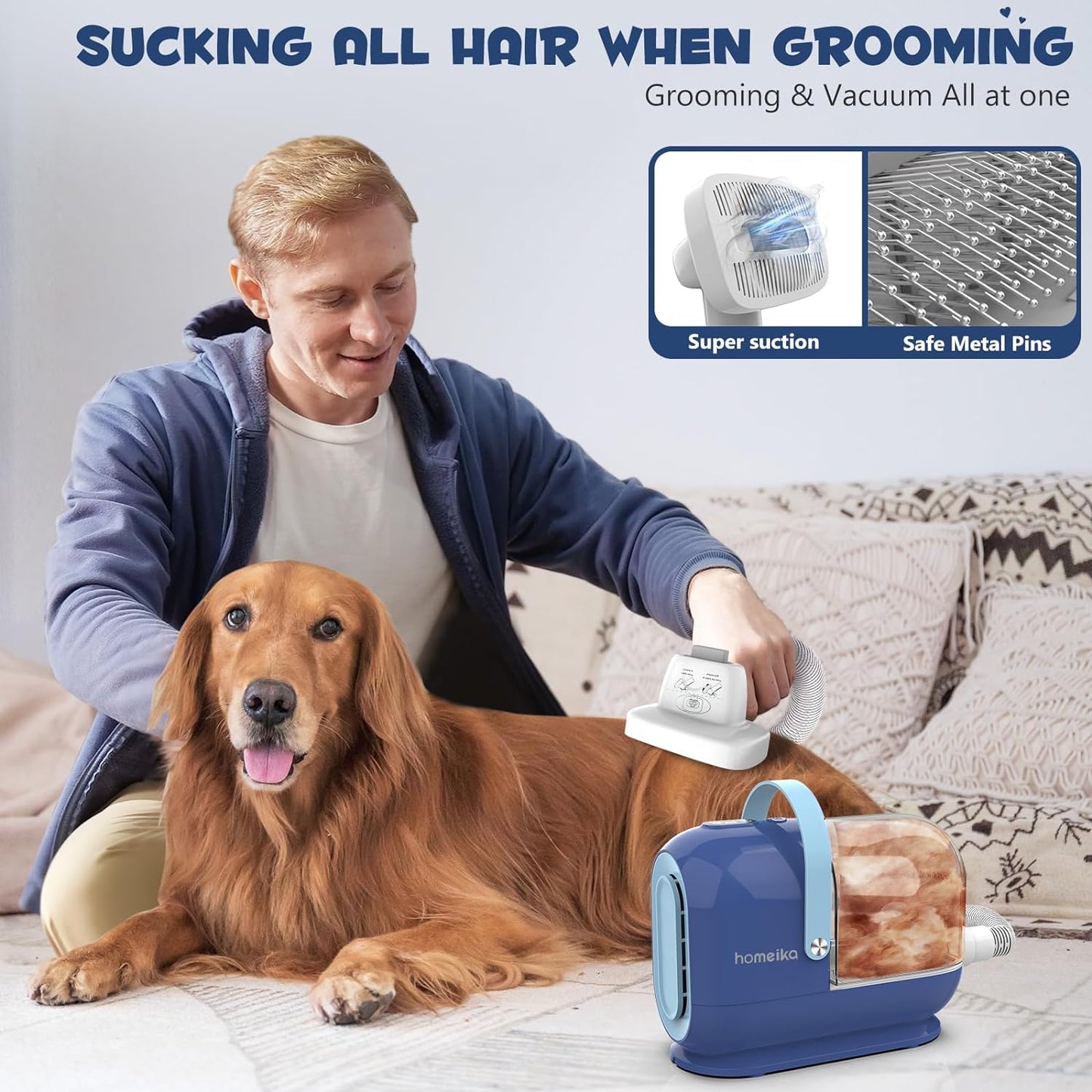 Pet Grooming Kit & Dog Hair Vacuum 99% Pet Hair Suction, 3L Pet Vacuum Groomer with 7 Pet Grooming Tools, 5 Nozzles, Quiet Dog Brush Vacuum with Hair Roller/Massage Nozzle for Dogs Cats, Blue