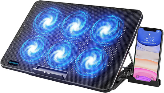 Laptop Cooling Pad, Laptop Cooler with 6 Quiet Fans for 12-17 Inch Notebook Gaming Fan Stable Stand, 7 Height & Wind Speed Adjustable, 2 USB Port & Phone Holder (Black)