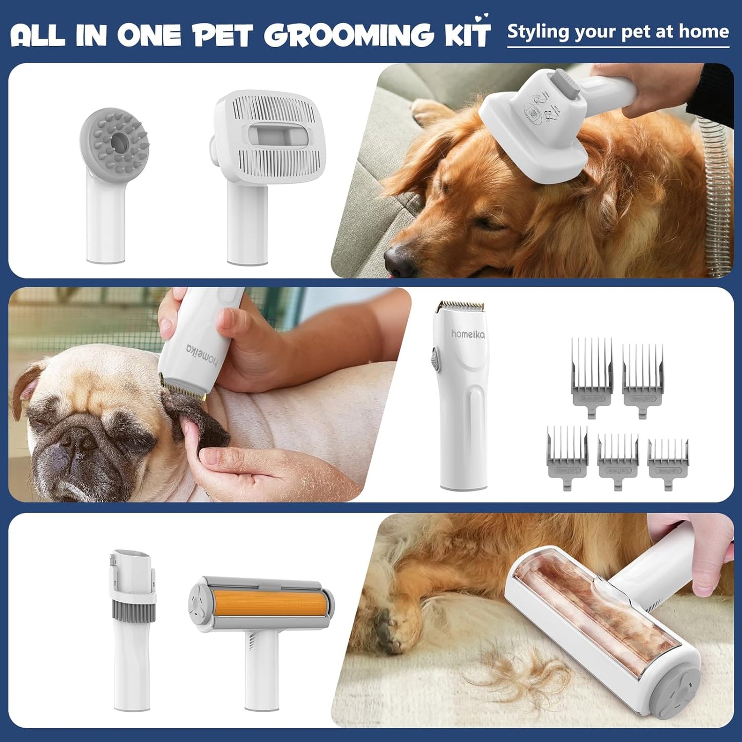 Pet Grooming Kit & Dog Hair Vacuum 99% Pet Hair Suction, 3L Pet Vacuum Groomer with 7 Pet Grooming Tools, 5 Nozzles, Quiet Dog Brush Vacuum with Hair Roller/Massage Nozzle for Dogs Cats, Blue