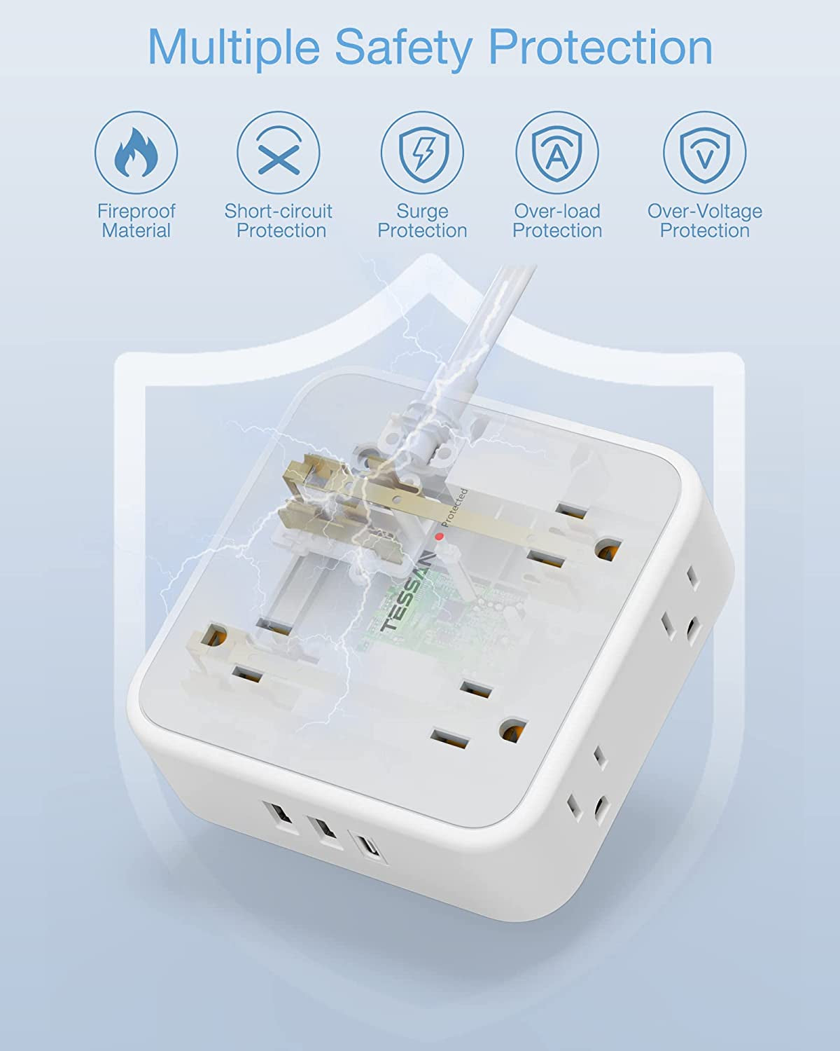 Power Strip Surge Protector 10 Ft Cord, 8 AC Outlets, 3 USB Charger(1 USB C Port), Ultra Thin Extension Cord, Flat Plug, 900 Joules Protection, Desk Charging Station for Home, Office Essentials