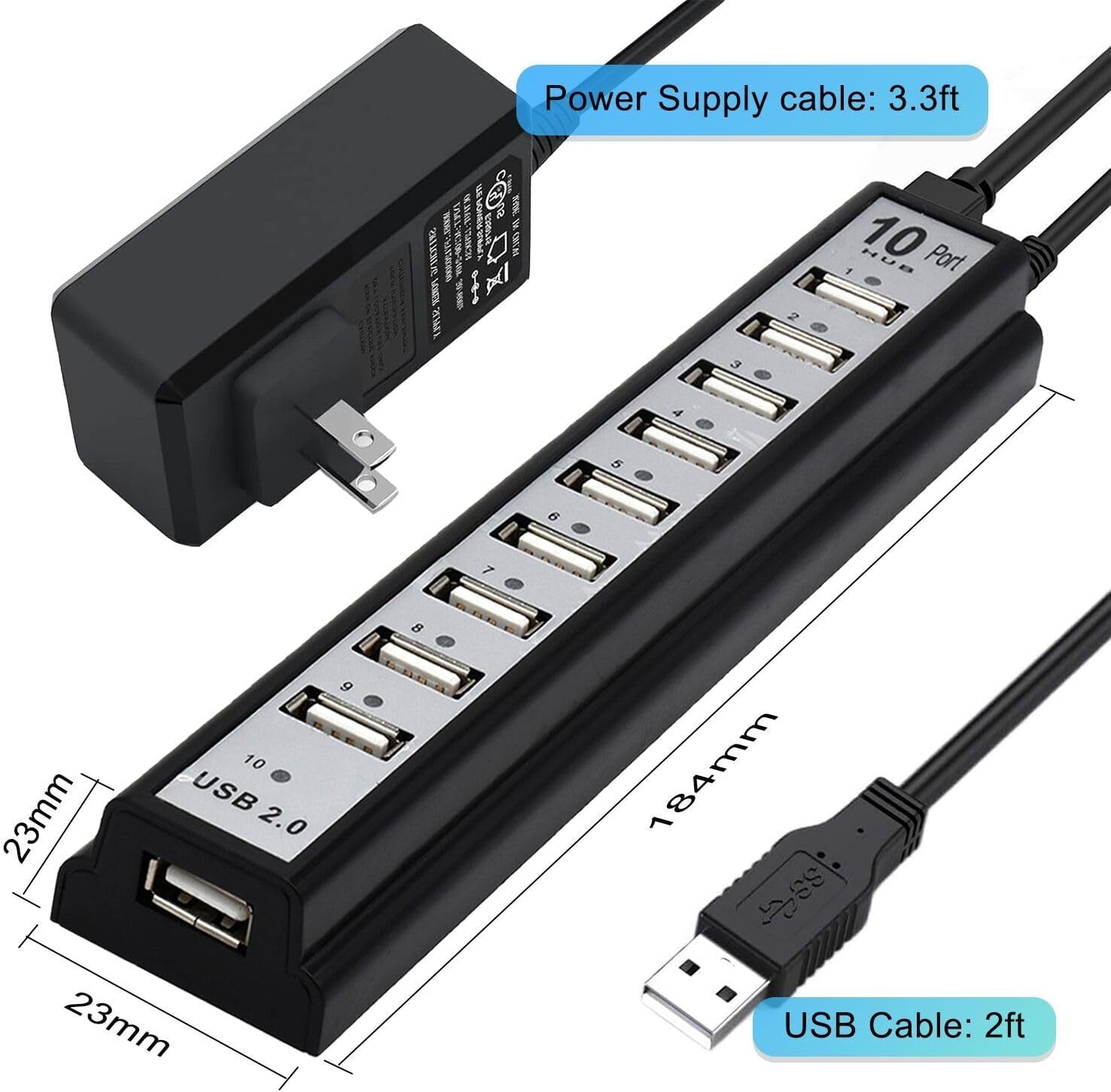 Powered USB Hub 2.0,  10-Port USB Hub USB Extender Splitter (Support Smart Charging + Faster Data Transfer) with Individual LED Indicator Light for Macbook, PC, Laptop, All-In-One