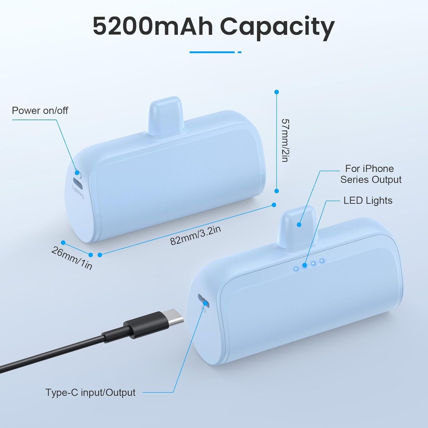 Mini Portable Charger Power Bank for Iphone,5200Mah Phone Charger, Ultra-Compact PD Fast Charging Battery Pack Compatible with Iphone 14/14 Plus/Pro Max/13/12/12 Mini/11/Xs/Xr/X/8/7/6/6S（Aqua Blue）