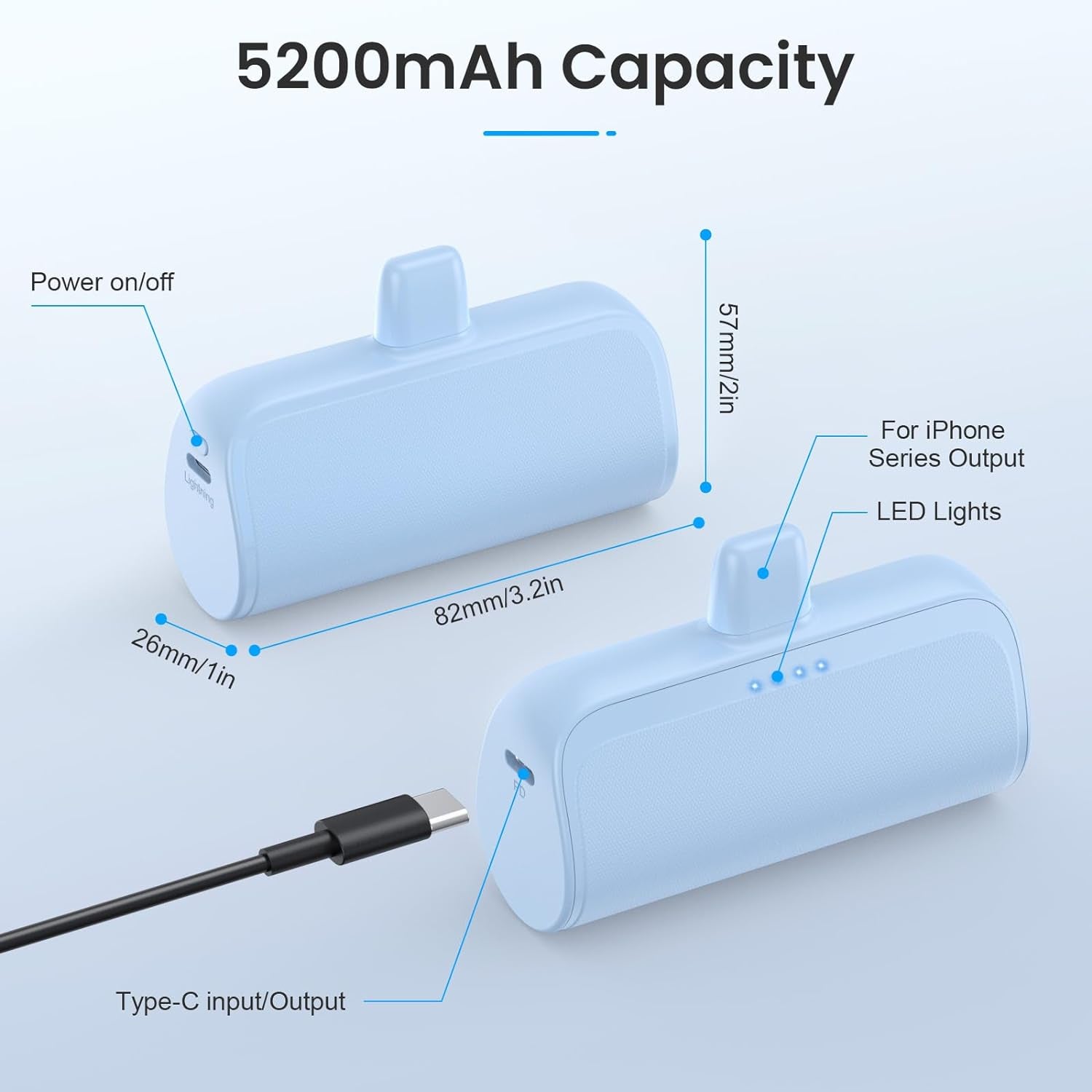 Mini Portable Charger Power Bank for Iphone,5200Mah Phone Charger, Ultra-Compact PD Fast Charging Battery Pack Compatible with Iphone 14/14 Plus/Pro Max/13/12/12 Mini/11/Xs/Xr/X/8/7/6/6S（Aqua Blue）