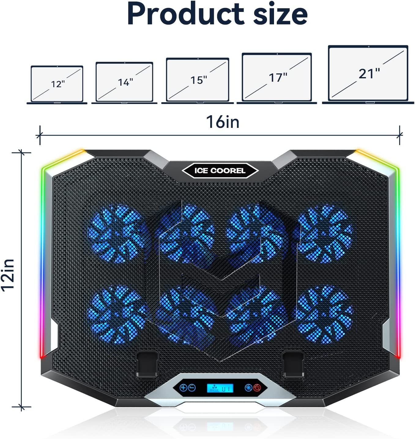 Gaming Laptop Cooling Pad with 8 Cooling Fans, Laptop Cooler Stand with 6 Height Adjustable, RGB Cooling Pad 15-17.3 Inch for Laptop with Two USB Port + Phone Stand