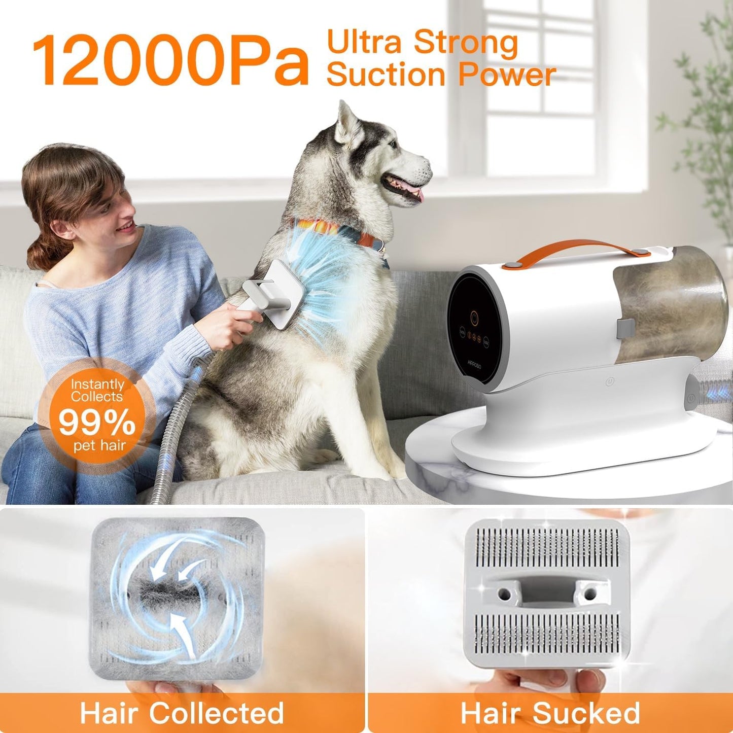 Dog Hair Vacuum & Dog Grooming Kit, 12000Pa Strong Pet Grooming Vacuum, 2L Large Capacity Dog Vacuum for Shedding Grooming Hair, Quiet, 5 Pet Grooming Tools, PG100