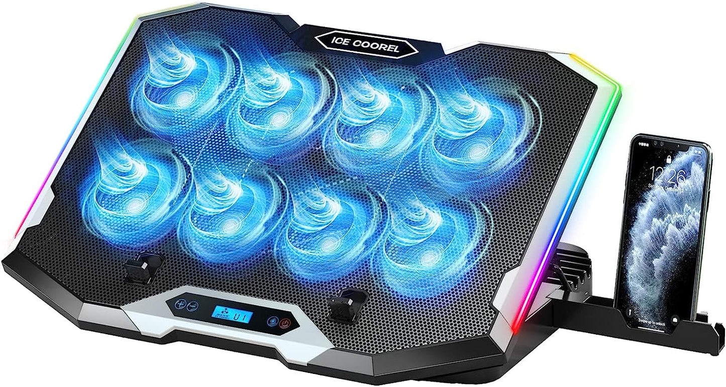 Gaming Laptop Cooling Pad with 8 Cooling Fans, Laptop Cooler Stand with 6 Height Adjustable, RGB Cooling Pad 15-17.3 Inch for Laptop with Two USB Port + Phone Stand