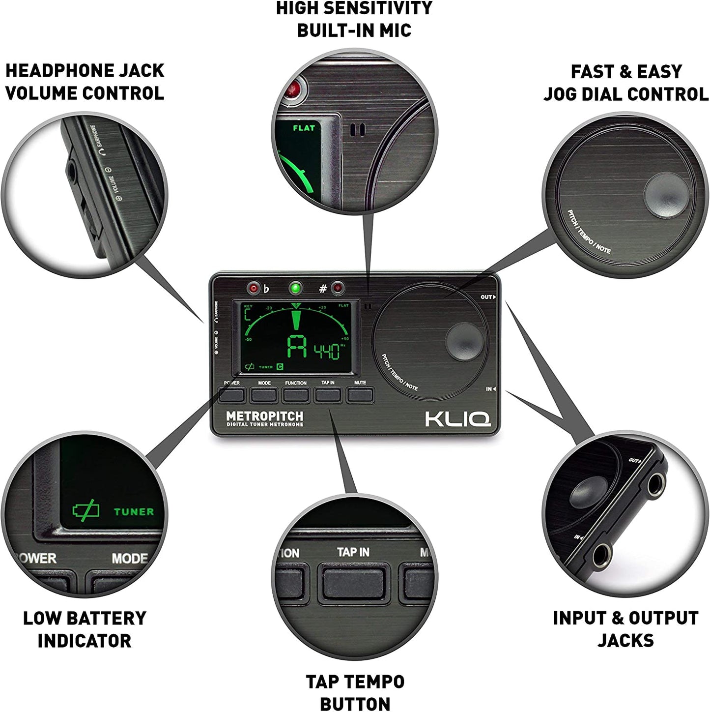 KLIQ Metropitch - Metronome Tuner for All Instruments - with Guitar, Bass, Violin, Ukulele, and Chromatic Tuning Modes (Metropitch, Black)